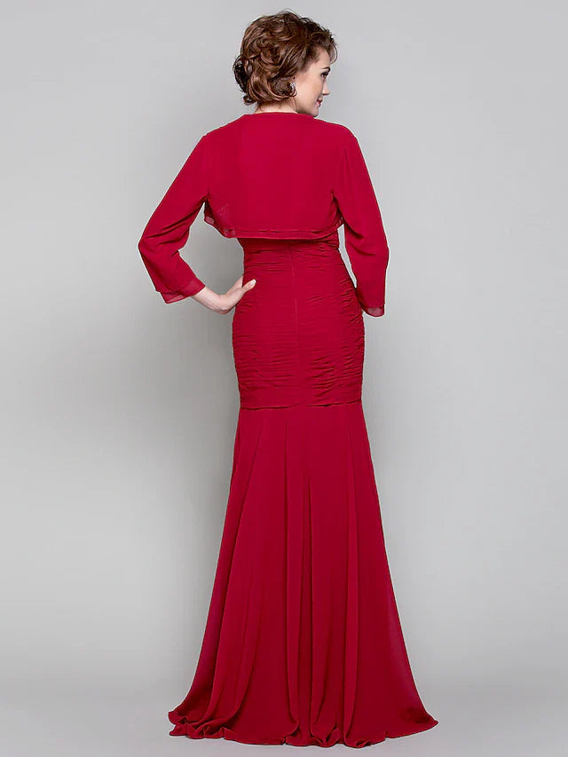 Wholesale Mermaid / Trumpet Mother of the Bride Dress Two Piece Sweetheart Floor Length Chiffon Long Sleeve with Criss Cross