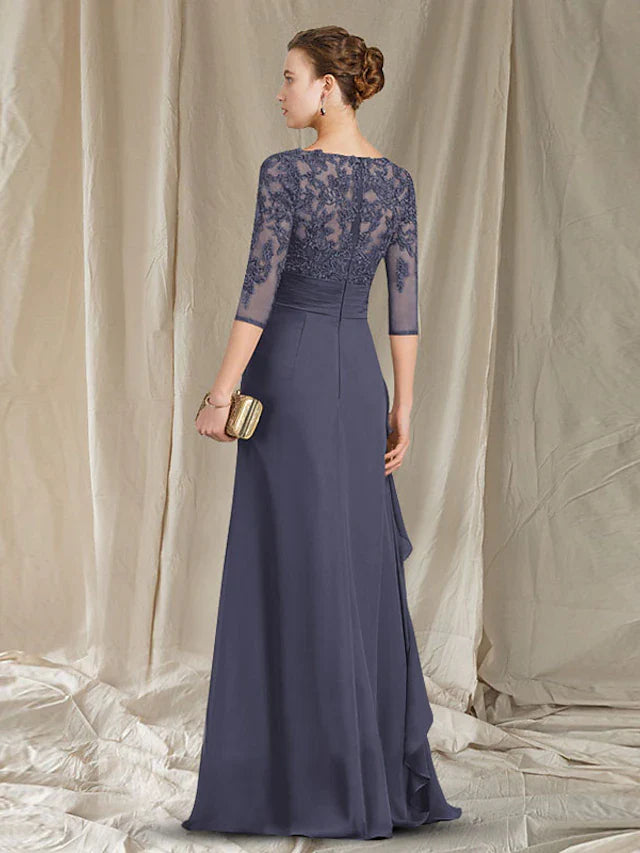 Wholesale Sheath / Column Mother of the Bride Dress Plus Size Elegant V Neck Floor Length Chiffon 3/4 Length Sleeve with Ruffles Appliques