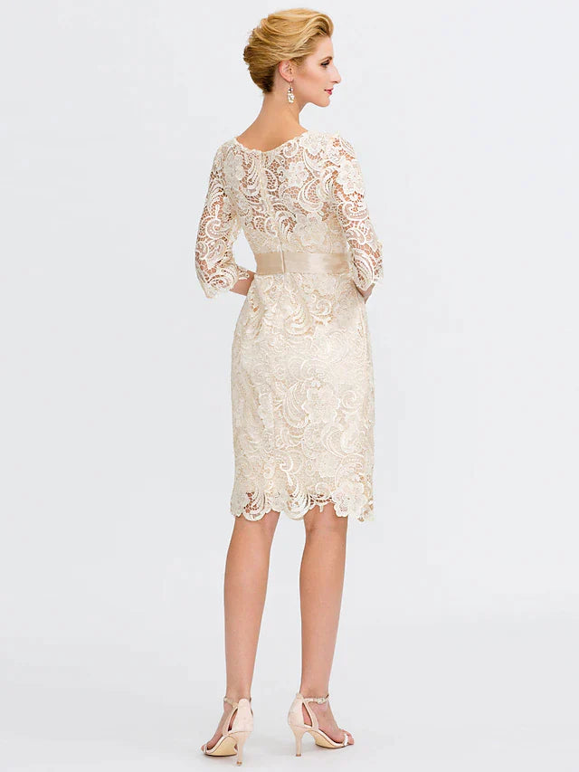 Wholesale Sheath / Column Mother of the Bride Dress Formal Wedding Guest Plus Size Elegant Illusion Neck Knee Length All Over Lace 3/4 Length Sleeve with Bow(s)
