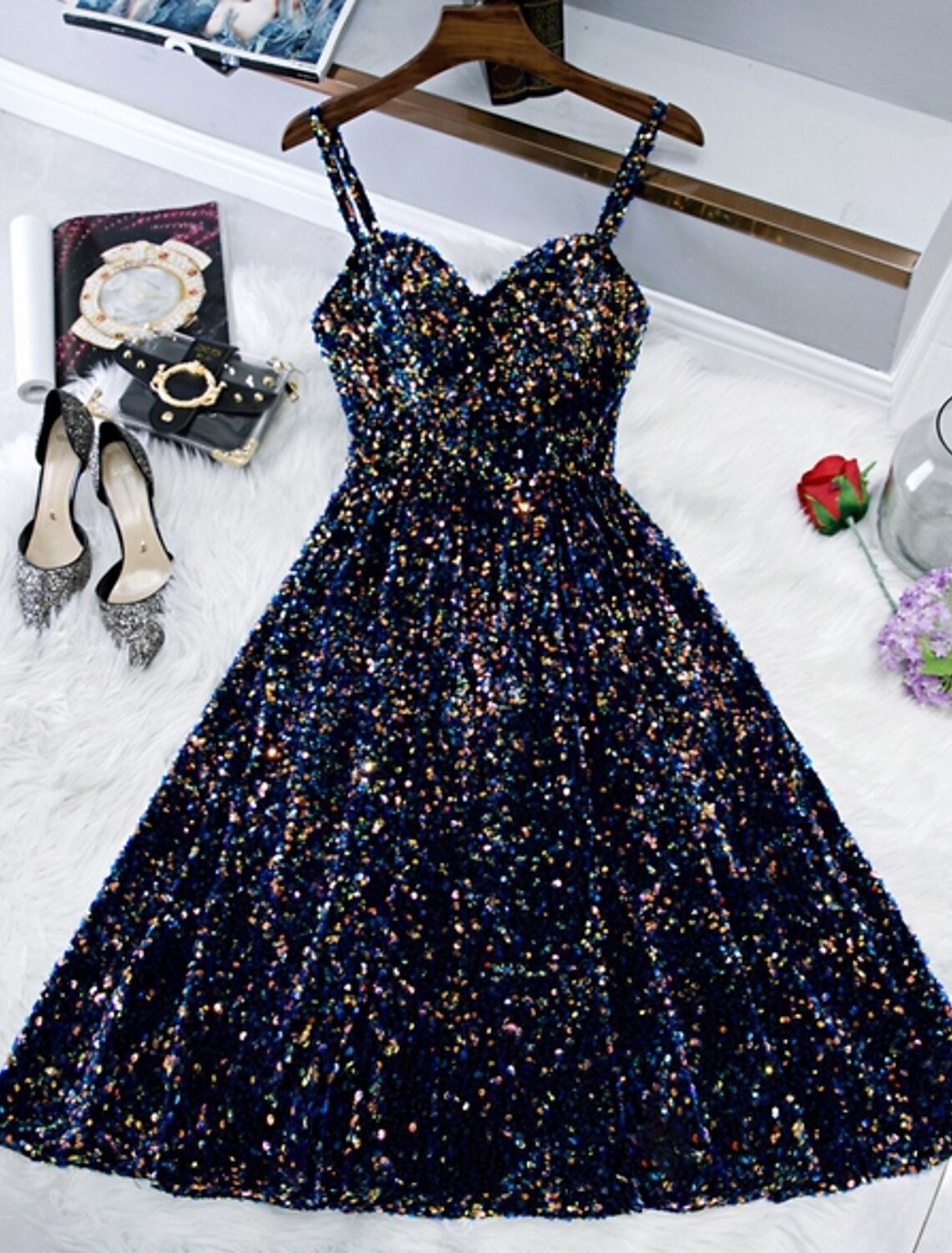 Wholesale A-Line Sparkle & Shine Holiday Cocktail Party Dress Spaghetti Strap Sleeveless Knee Length Sequined with Sequin