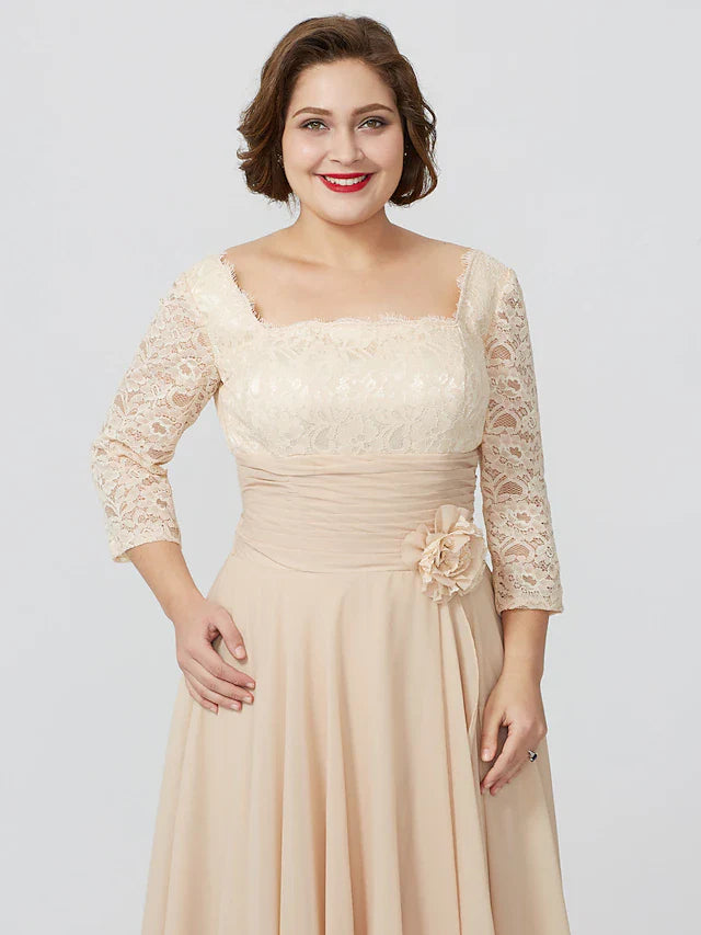 Wholesale Sheath / Column Mother of the Bride Dress Formal Classic & Timeless Elegant & Luxurious Plus Size Square Neck Floor Length Chiffon Metallic Lace 3/4 Length Sleeve No with Sash / Ribbon Flower