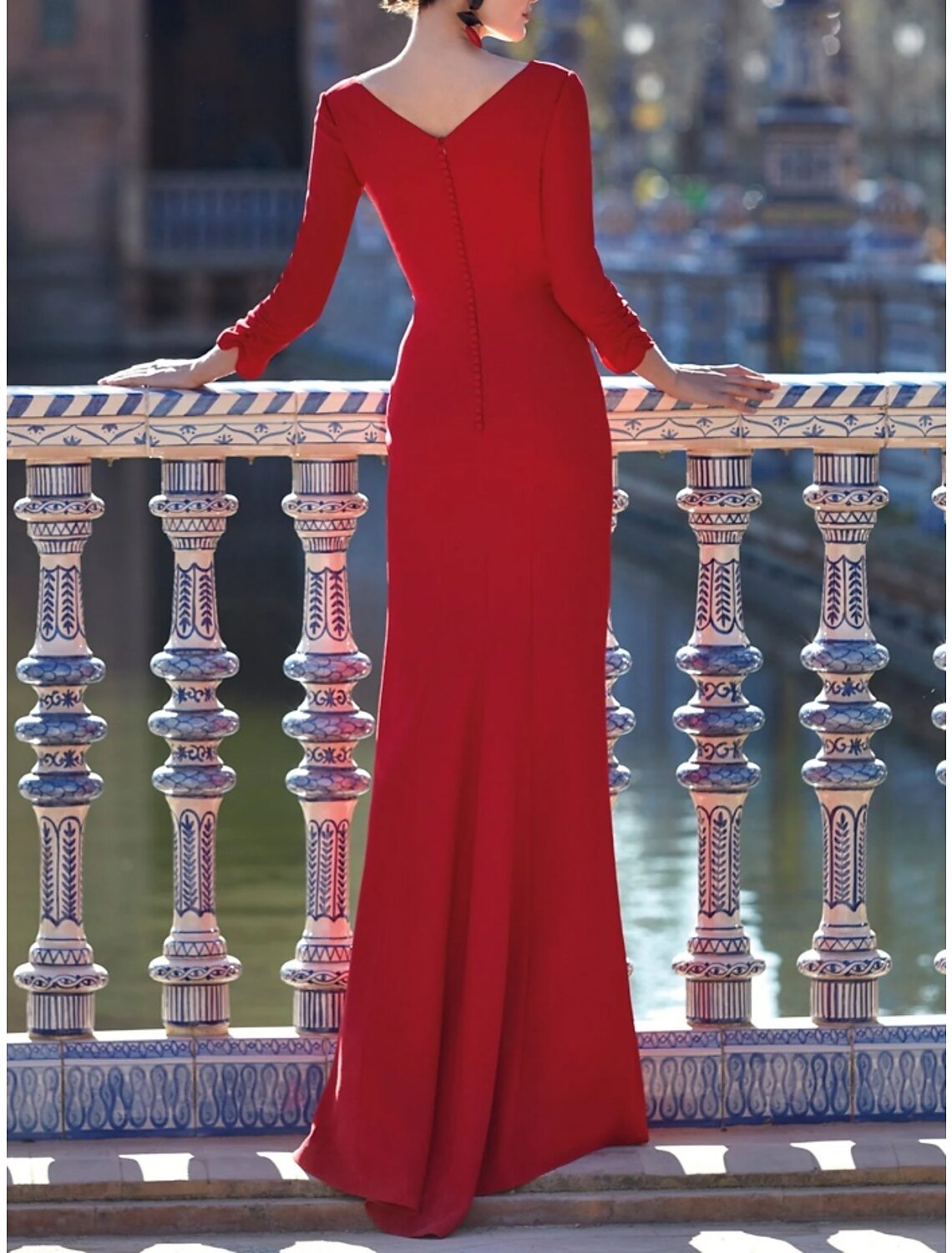 Wholesale Sheath / Column Evening Gown Elegant Dress Formal Floor Length Christmas Red Green Dress 3/4 Length Sleeve V Neck Stretch Chiffon with Pleats Ruched Slit