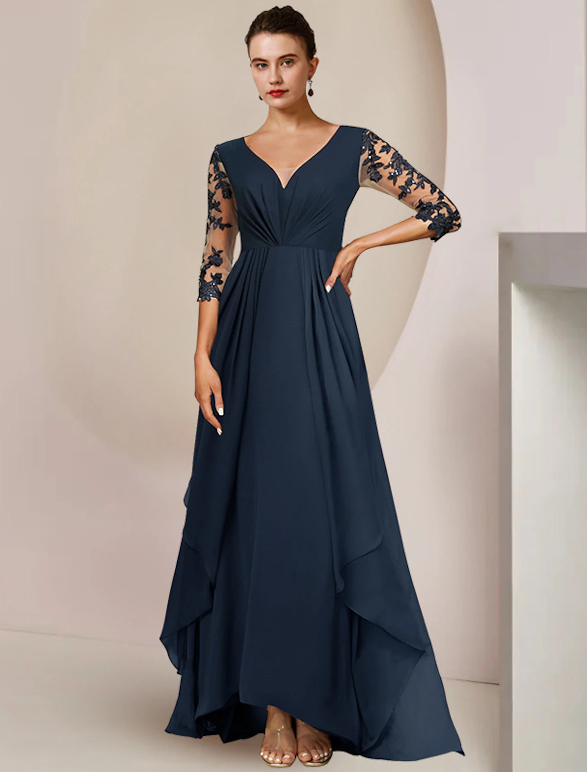 Wholesale  A-Line Mother of the Bride Dress Wedding Guest Elegant High Low V Neck Ankle Length Chiffon Lace 3/4 Length Sleeve with Sequin Appliques