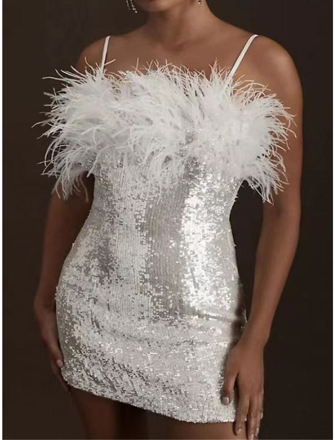 Wholesale Women's Sequin Dress Party Dress Sparkly Dress Feather Dress Homecoming Dress Mini Dress White Sleeveless Sparkly Glitter Spring Fall Winter Spaghetti Strap Fashion Winter Dress Wedding