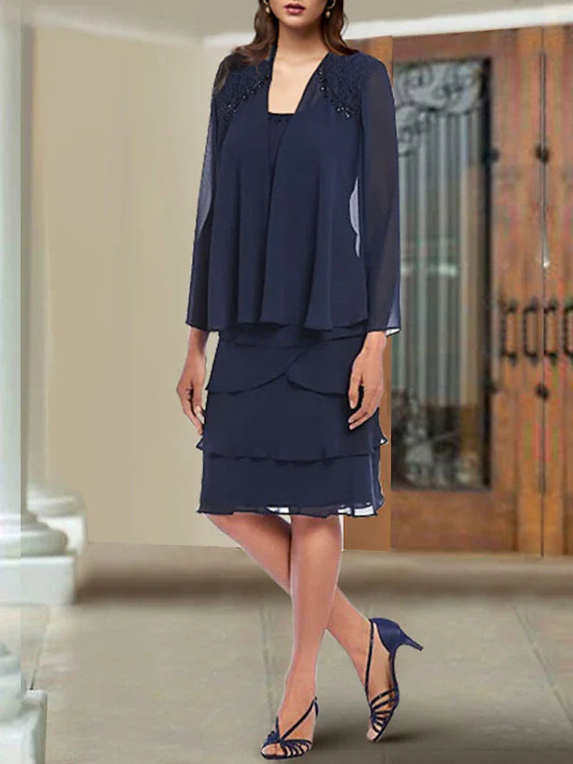 Wholesale Two Piece Sheath / Column Mother of the Bride Dress Elegant Scoop Neck Knee Length Chiffon Lace Sleeveless Wrap Included with Beading Ruffles