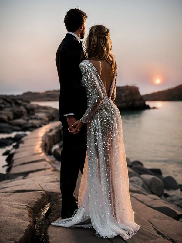 Wholesale A-Line/Princess V-Neck Long Sleeves Sequins Wedding Dress