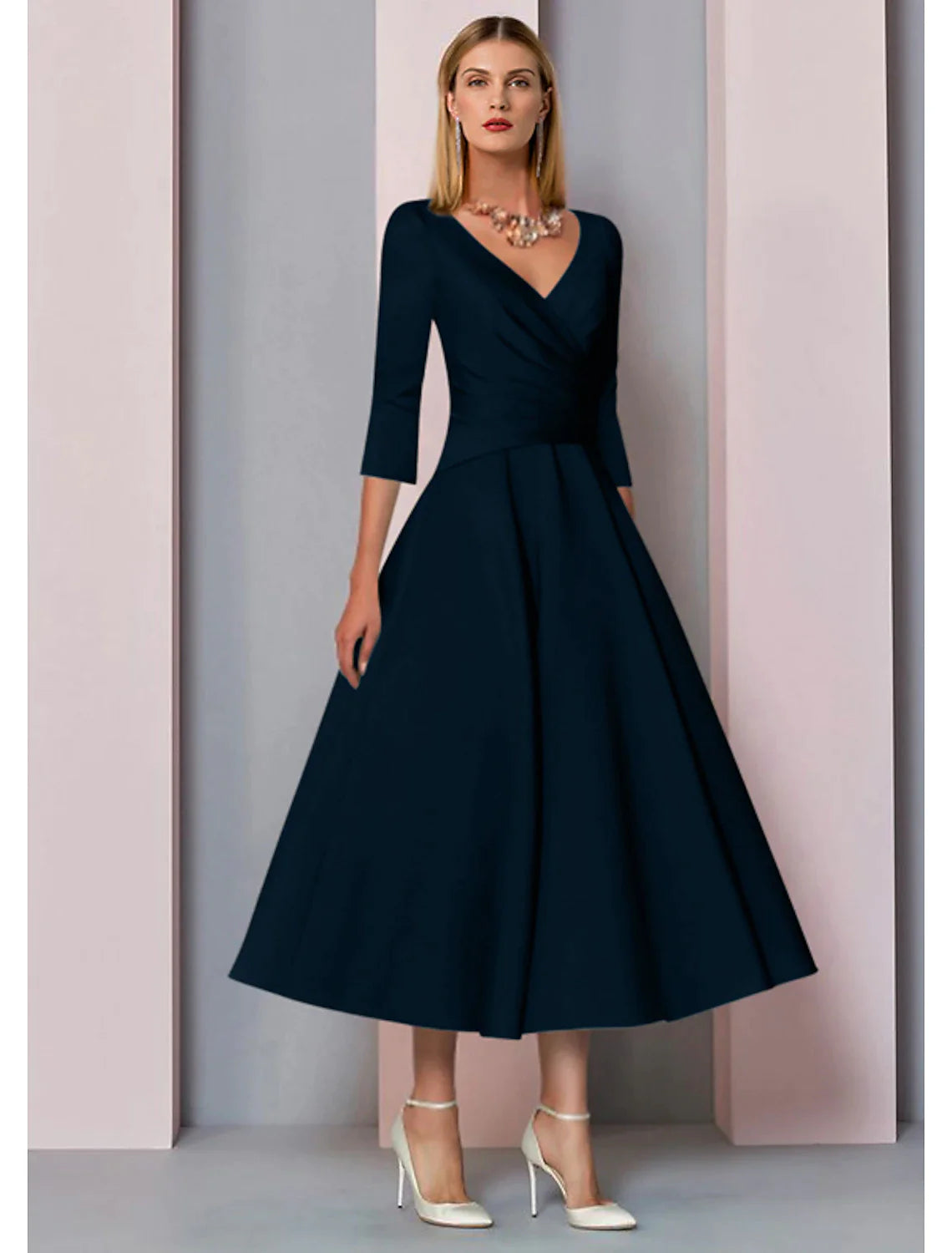 Wholesale A-Line Mother of the Bride Dress Wedding Guest Vintage Plus Size Elegant Formal Party 3/4 Sleeve Satin V Neck Tea Length with Pleats