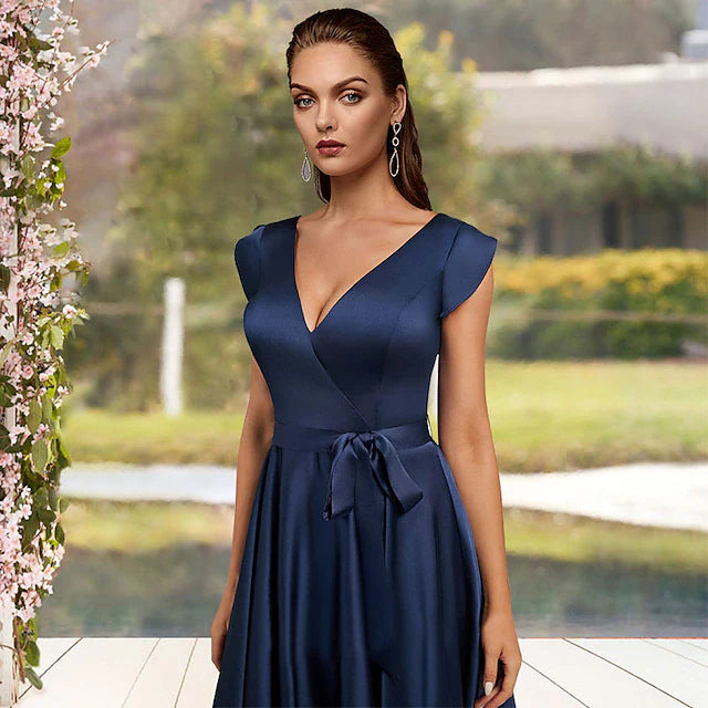 Wholesale A-Line Mother of the Bride Dress Elegant Sexy High Low V Neck Asymmetrical Tea Length Charmeuse Cap Sleeve with Bow(s) Pleats