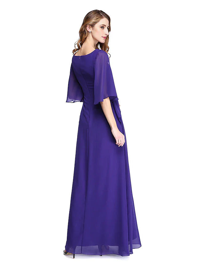 Wholesale Sheath / Column Mother of the Bride Dress Elegant Open Back Jewel Neck Floor Length Chiffon Half Sleeve with Pleats Beading Ruffle