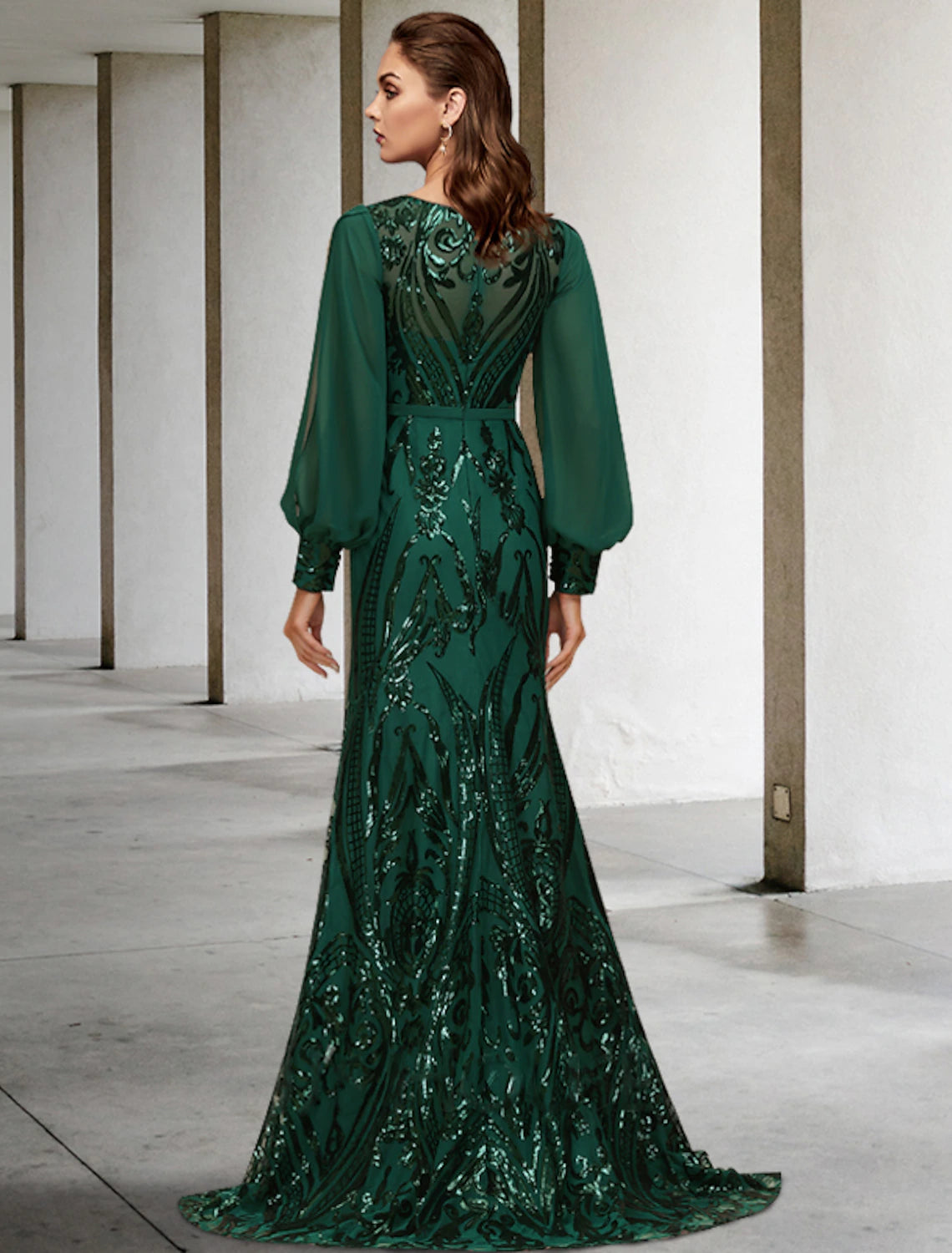 Wholesale  Mermaid / Trumpet Mother of the Bride Dress Wedding Guest Elegant Sparkle & Shine Jewel Neck Sweep / Brush Train Chiffon Sequined Long Sleeve with Sequin Appliques