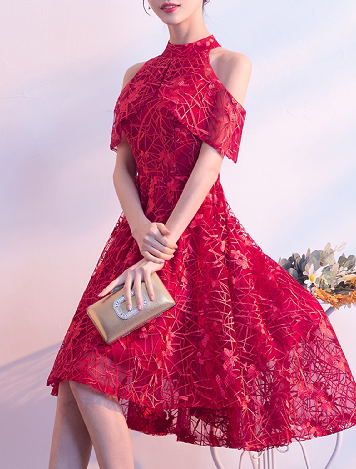 Wholesale A-Line Cocktail Dresses Minimalist Dress Wedding Guest Party Wear Asymmetrical Short Sleeve Jewel Neck Tulle with Pleats Pattern / Print