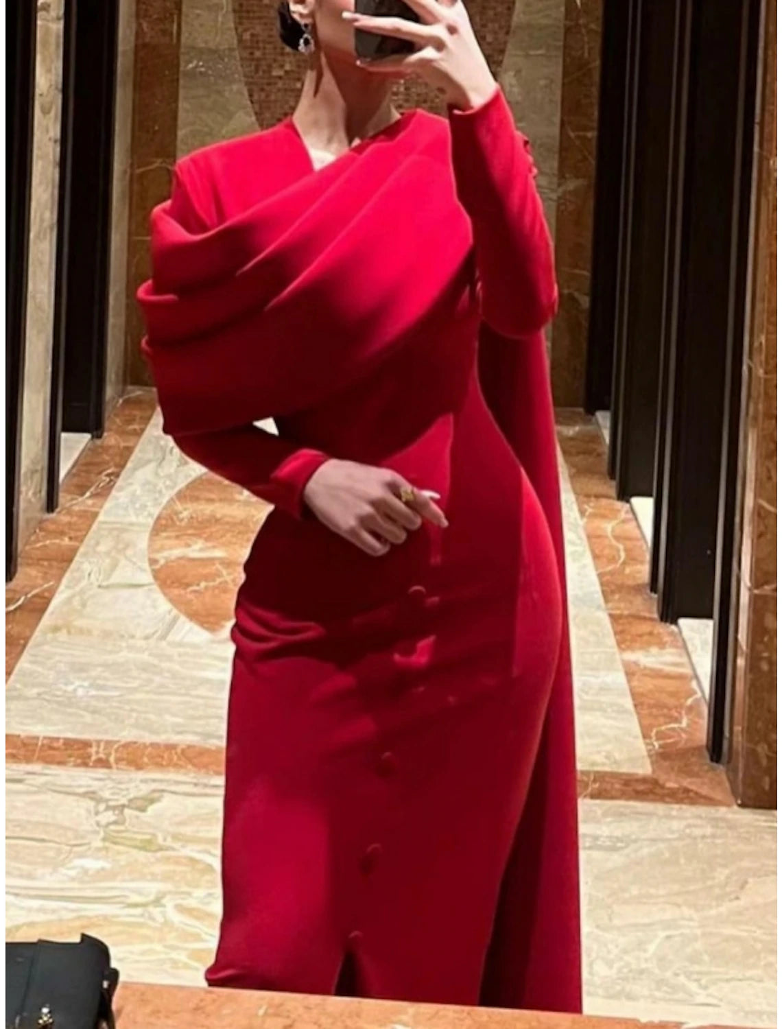 Wholesale Sheath / Column Red Black Christmas Red Green Dress Evening Gown Elegant Cape Dress Formal Fall Sweep / Brush Train Long Sleeve Cowl Neck Stretch Fabric with Buttons Slit