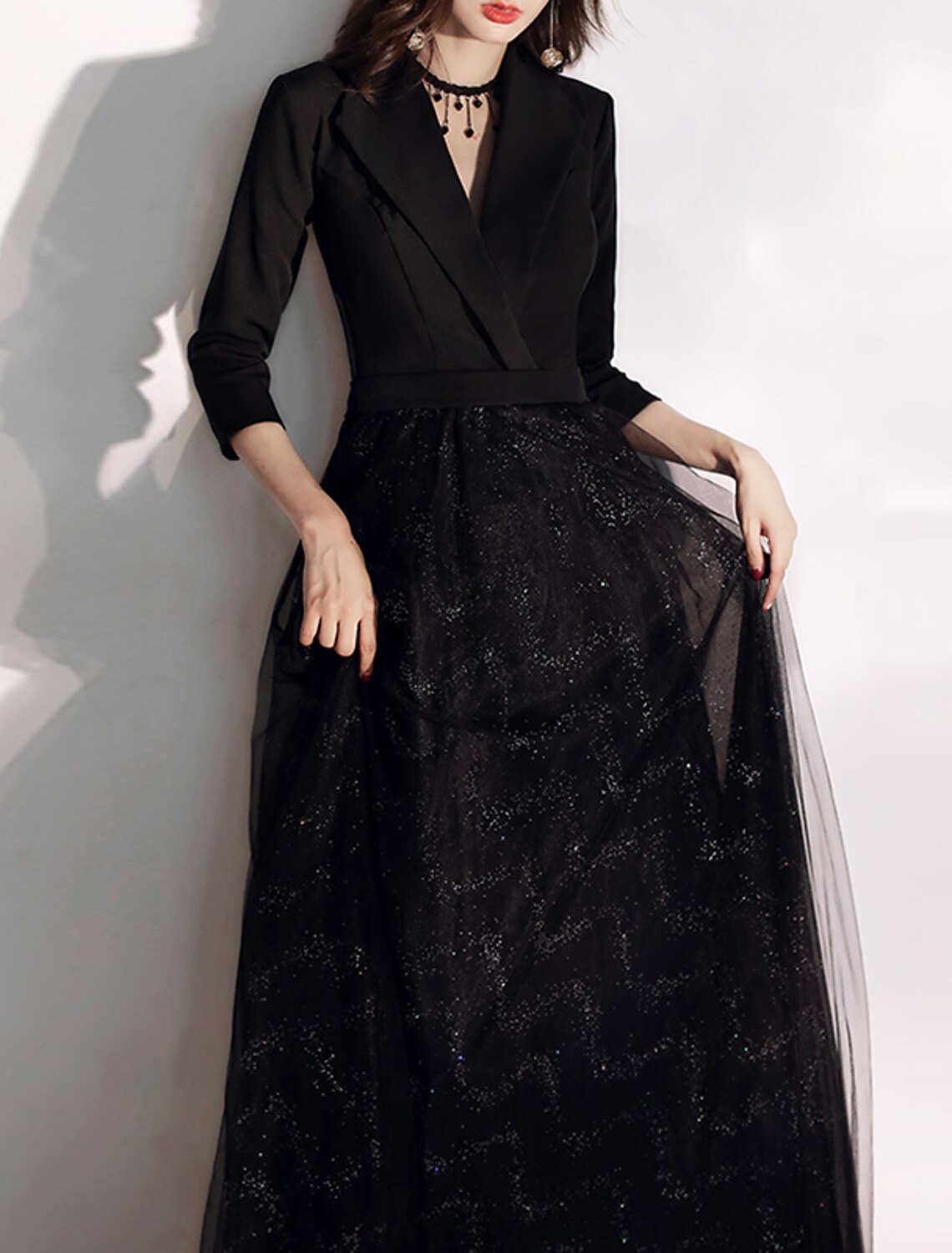 Wholesale A-Line Glittering Elegant Wedding Guest Formal Evening Dress V Neck 3/4 Length Sleeve Floor Length Tulle with Sash / Ribbon Sequin