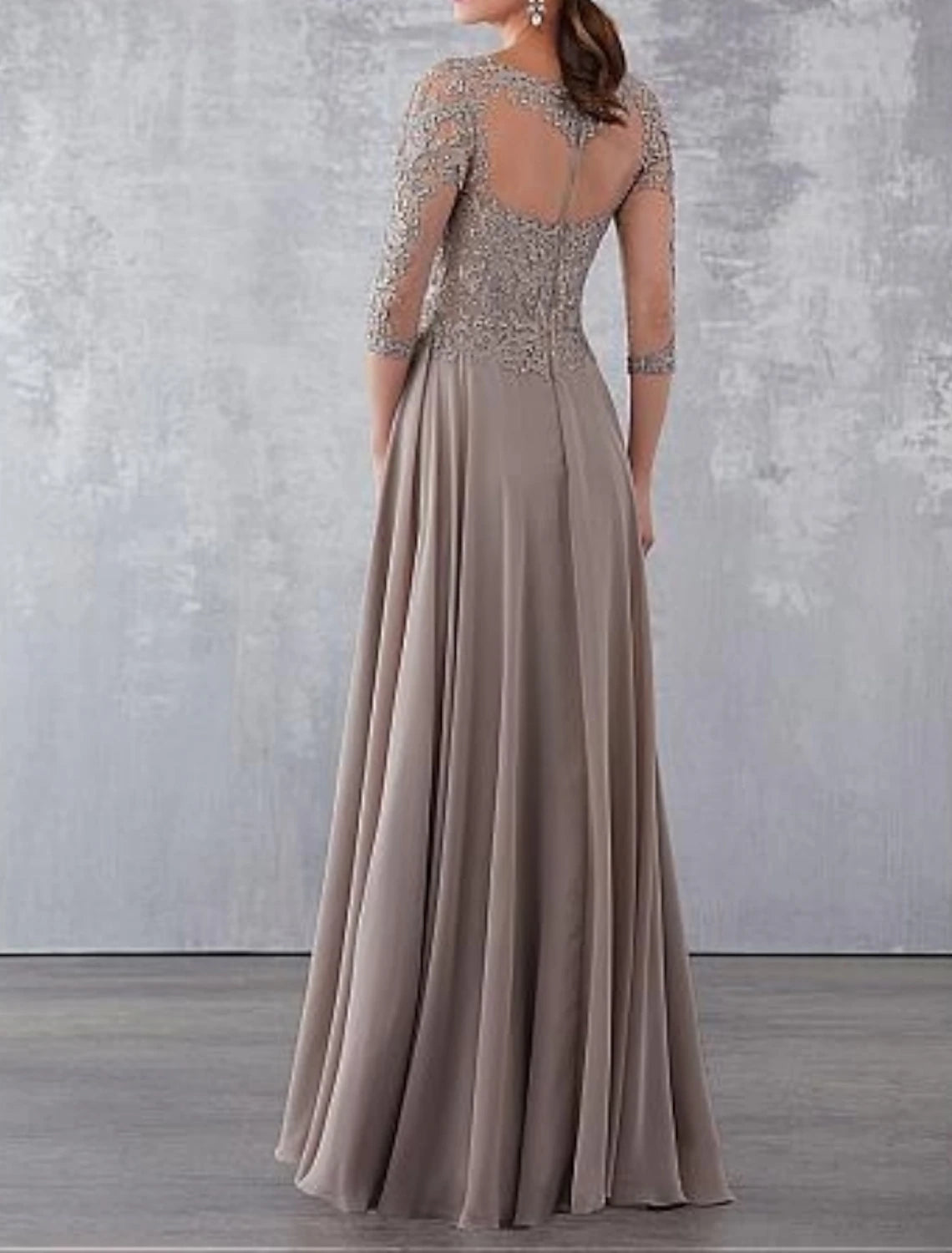 Wholesale A-Line Mother of the Bride Dress Wedding Guest Elegant See Through Jewel Neck Floor Length Chiffon Lace 3/4 Length Sleeve with Draping Appliques Fall