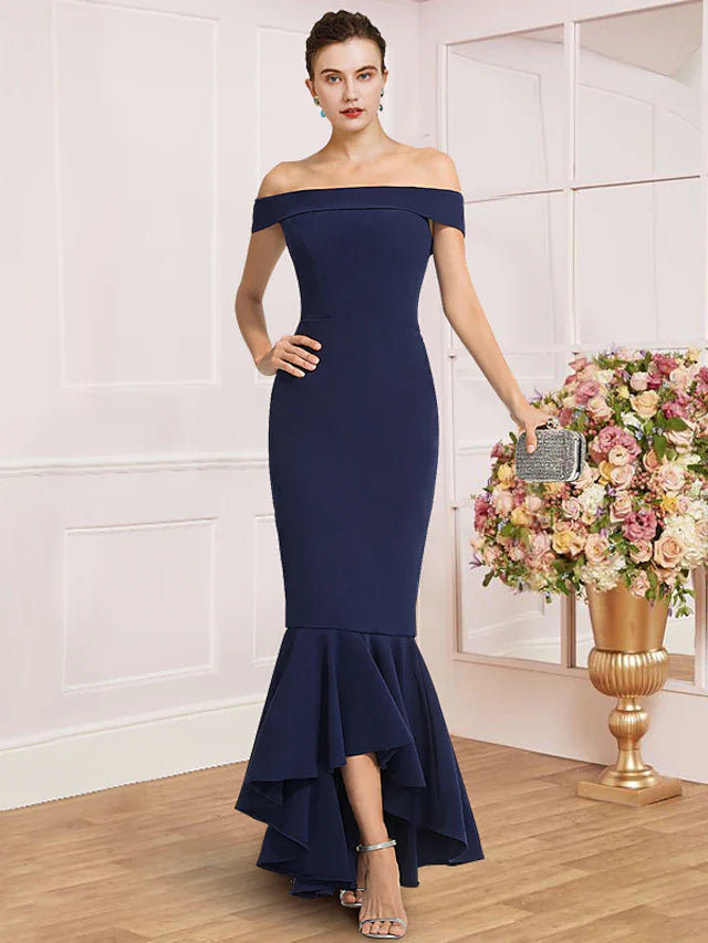 Wholesale Sheath / Column Mother of the Bride Dress Wedding Guest Party Elegant Off Shoulder Asymmetrical Stretch Fabric Cap Sleeve with Pleats Solid Color