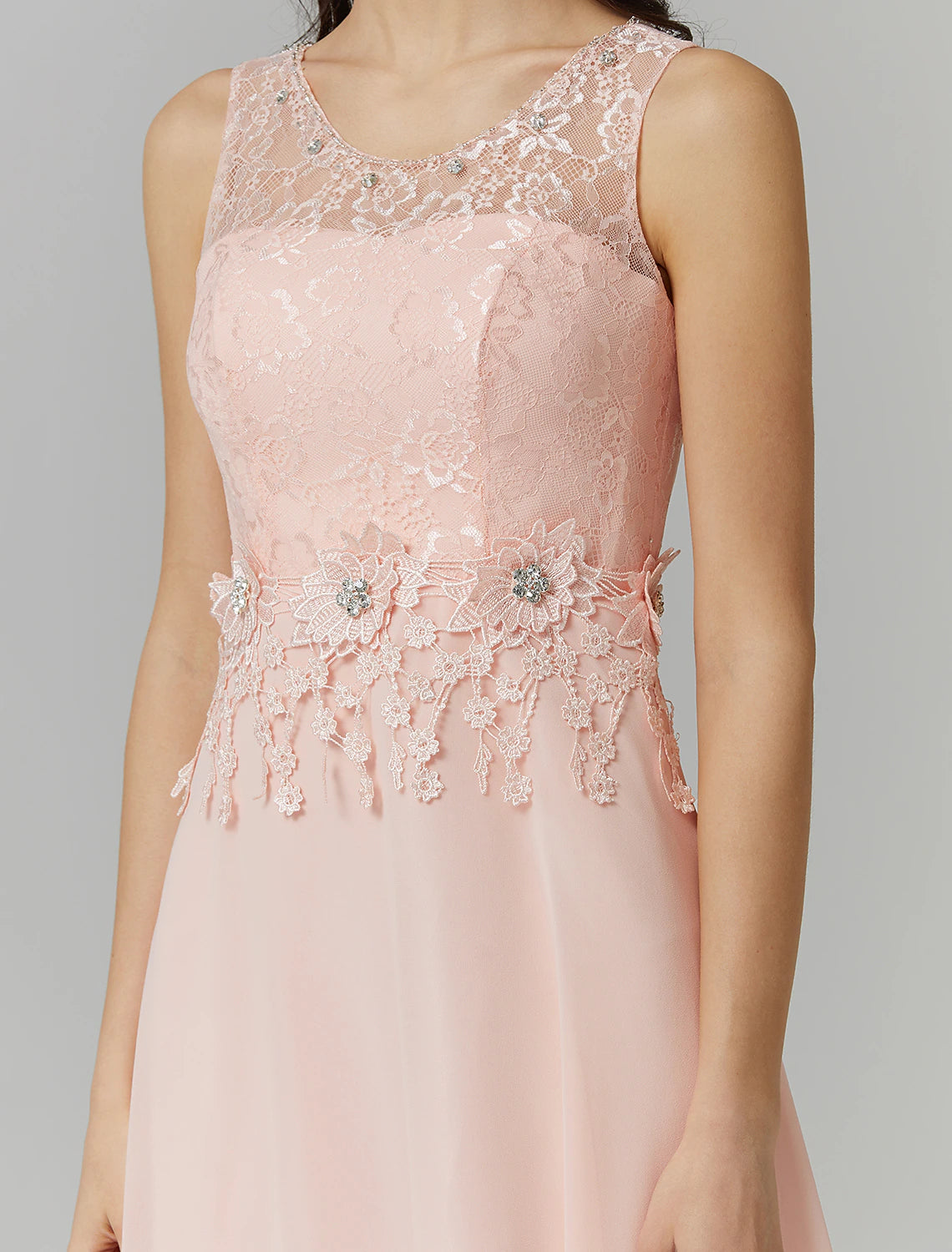 Wholesale  A-Line Empire Dress Wedding Guest Prom Floor Length Sleeveless Illusion Neck Bridesmaid Dress Chiffon with Beading Appliques