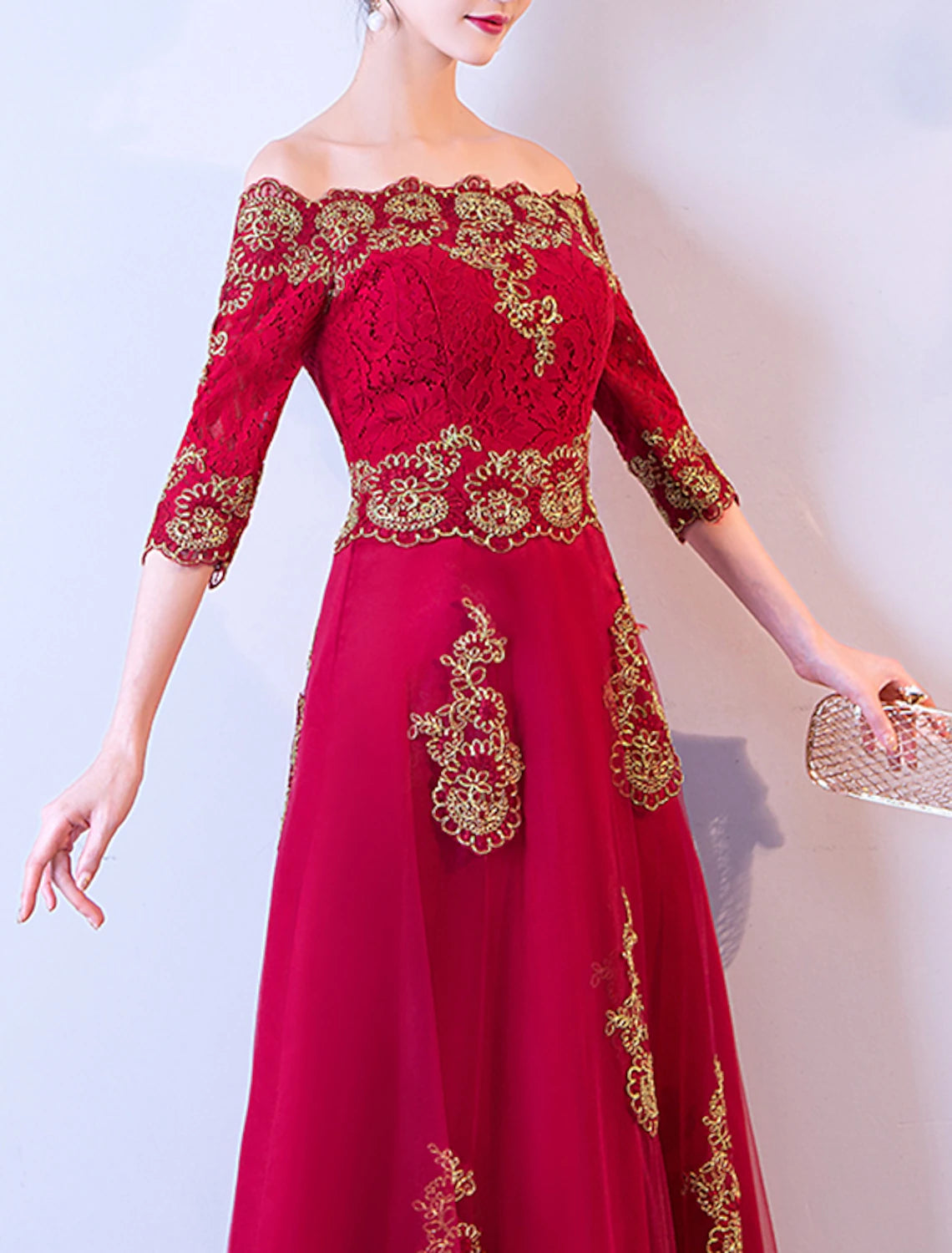 Wholesale A-Line Glittering Floral Engagement Formal Evening Dress Off Shoulder Half Sleeve Floor Length Lace with Embroidery Appliques