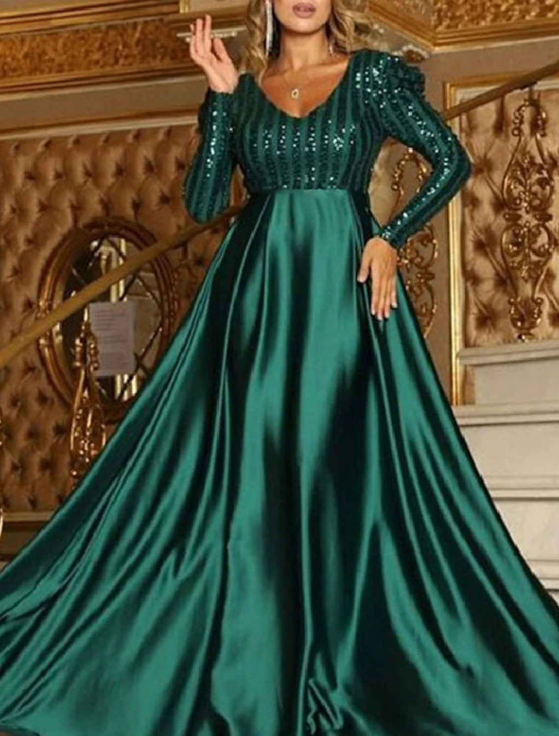 Wholesale A-Line Sparkly Engagement Formal Evening Christmas Red Green Dress V Neck Long Sleeve Court Train Polyester with Sequin