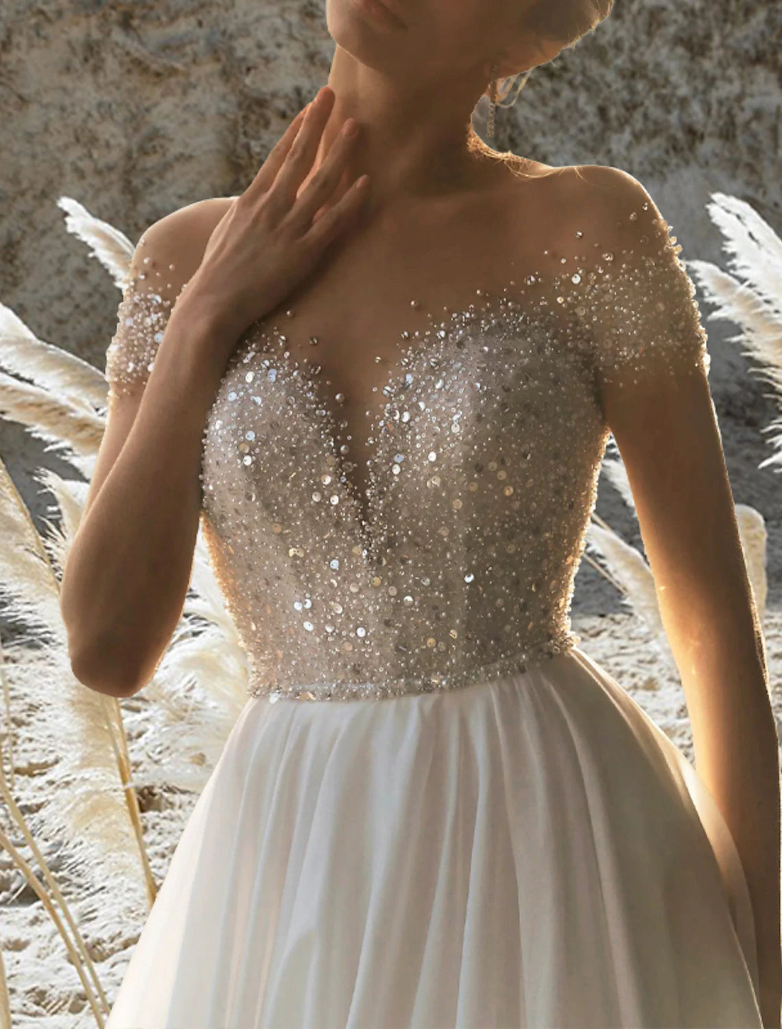Wholesale Beach Formal Wedding Dresses A-Line Off Shoulder Short Sleeve Court Train Chiffon Bridal Gowns With Pleats Beading