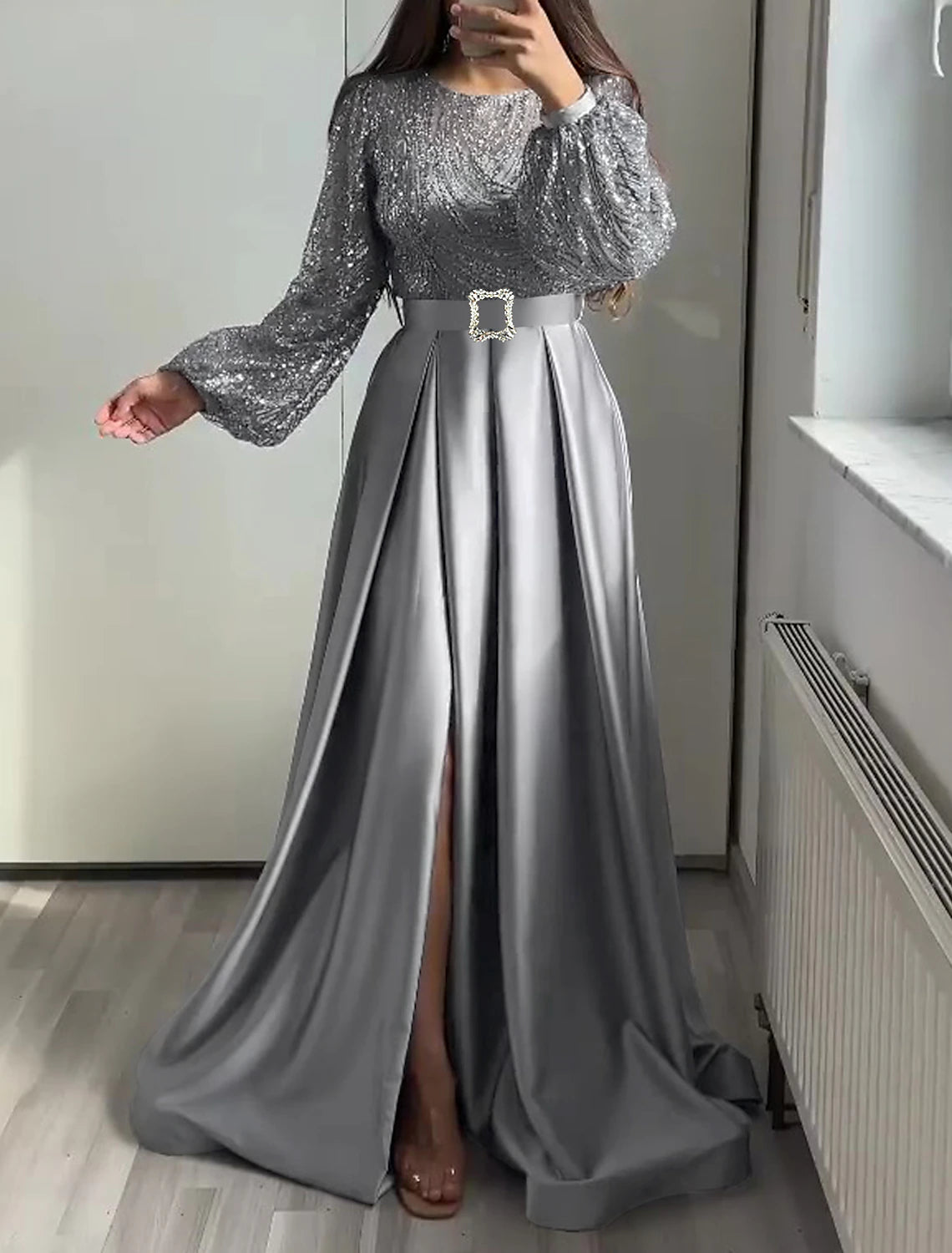 Wholesale A-Line Evening Gown Elegant Dress Wedding Black Tie Floor Length Long Sleeve Jewel Neck Fall Wedding Guest Satin with Sequin