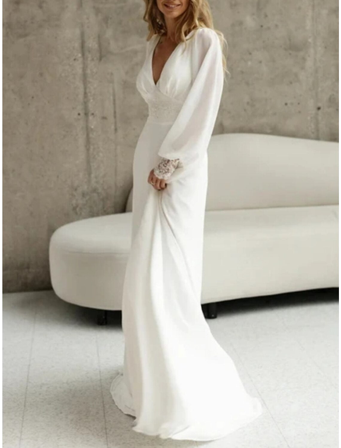 Wholesale Beach Simple Wedding Dresses Formal Wedding Dresses A-Line Illusion Neck Long Sleeve Floor Length Tulle Bridal Gowns With Ruched Beading