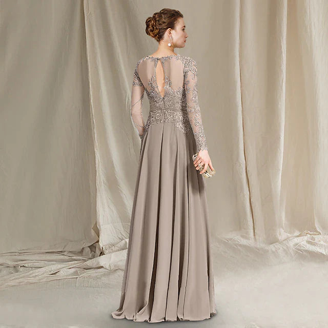 Wholesale A-Line Mother of the Bride Dress Luxurious Elegant Jewel Neck Floor Length Chiffon Lace Long Sleeve with Pleats Appliques