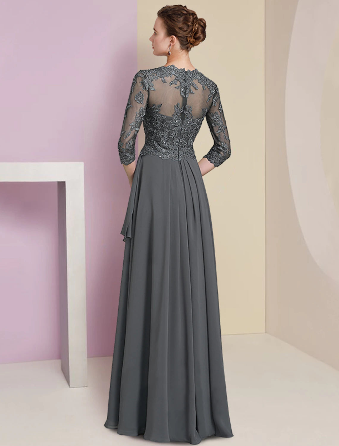 Wholesale  A-Line Mother of the Bride Dress Formal Luxurious Elegant V Neck Floor Length Chiffon Lace Half Sleeve with Pleats Beading Appliques