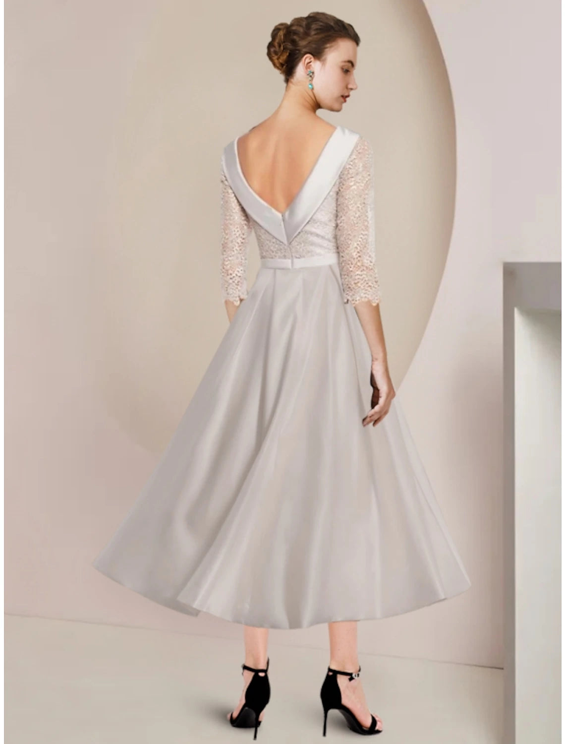 Wholesale  Sheath / Column Mother of the Bride Dress Wedding Guest Minimalist Elegant Scoop Neck Tea Length Satin Lace Half Sleeve with Ruching