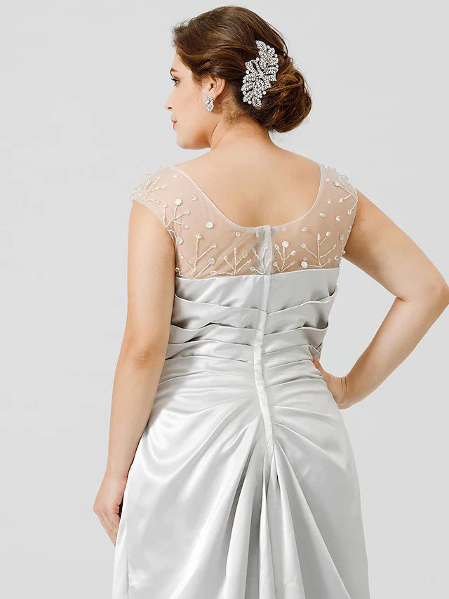 Wholesale Sheath / Column Mother of the Bride Dress Classic & Timeless Elegant & Luxurious Plus Size Jewel Neck Floor Length Satin Sleeveless No with Pleats Crystals