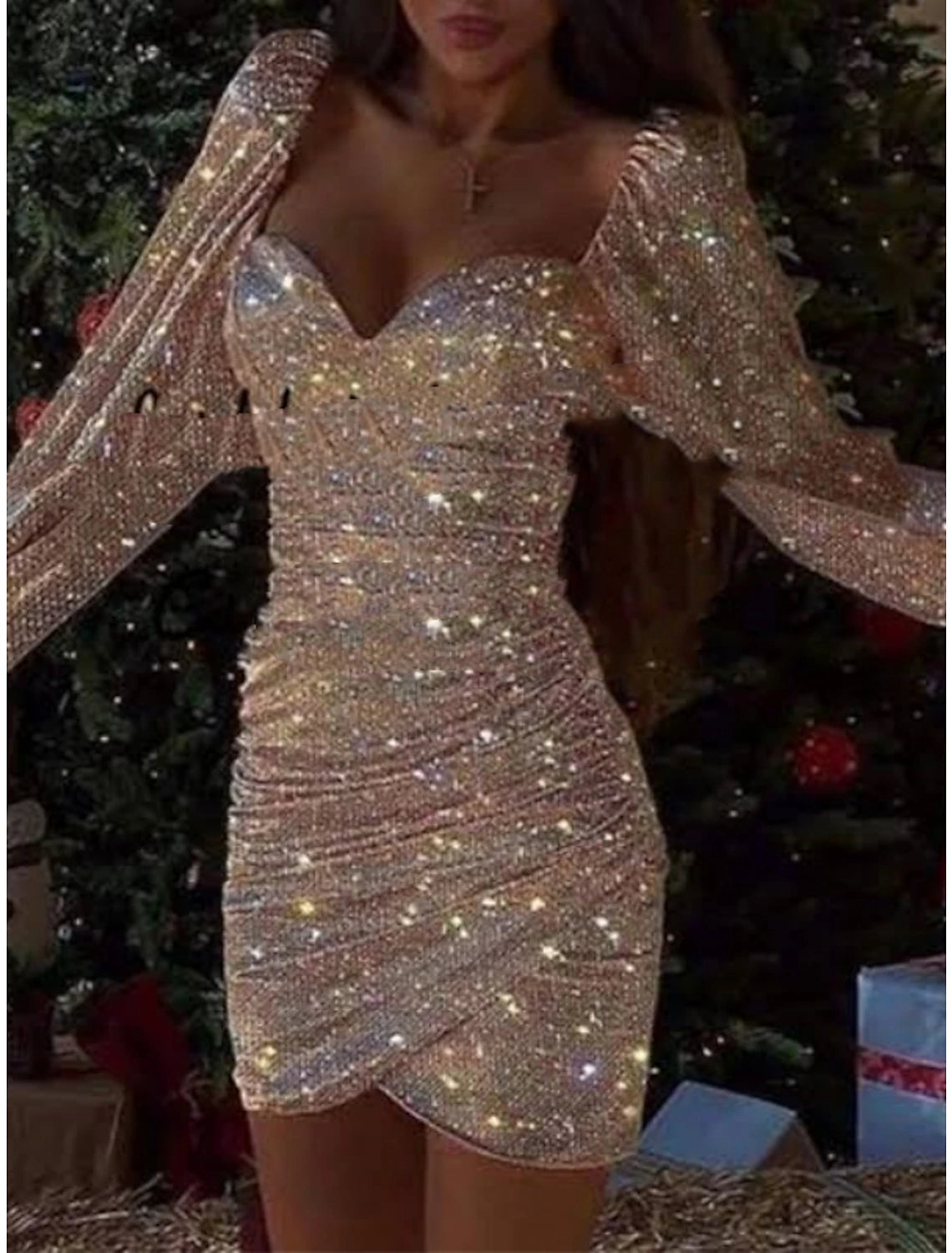 Wholesale Sheath / Column Homecoming Dresses Sparkle & Shine Dress Birthday Short / Mini Long Sleeve Square Neck Sequined with Ruched