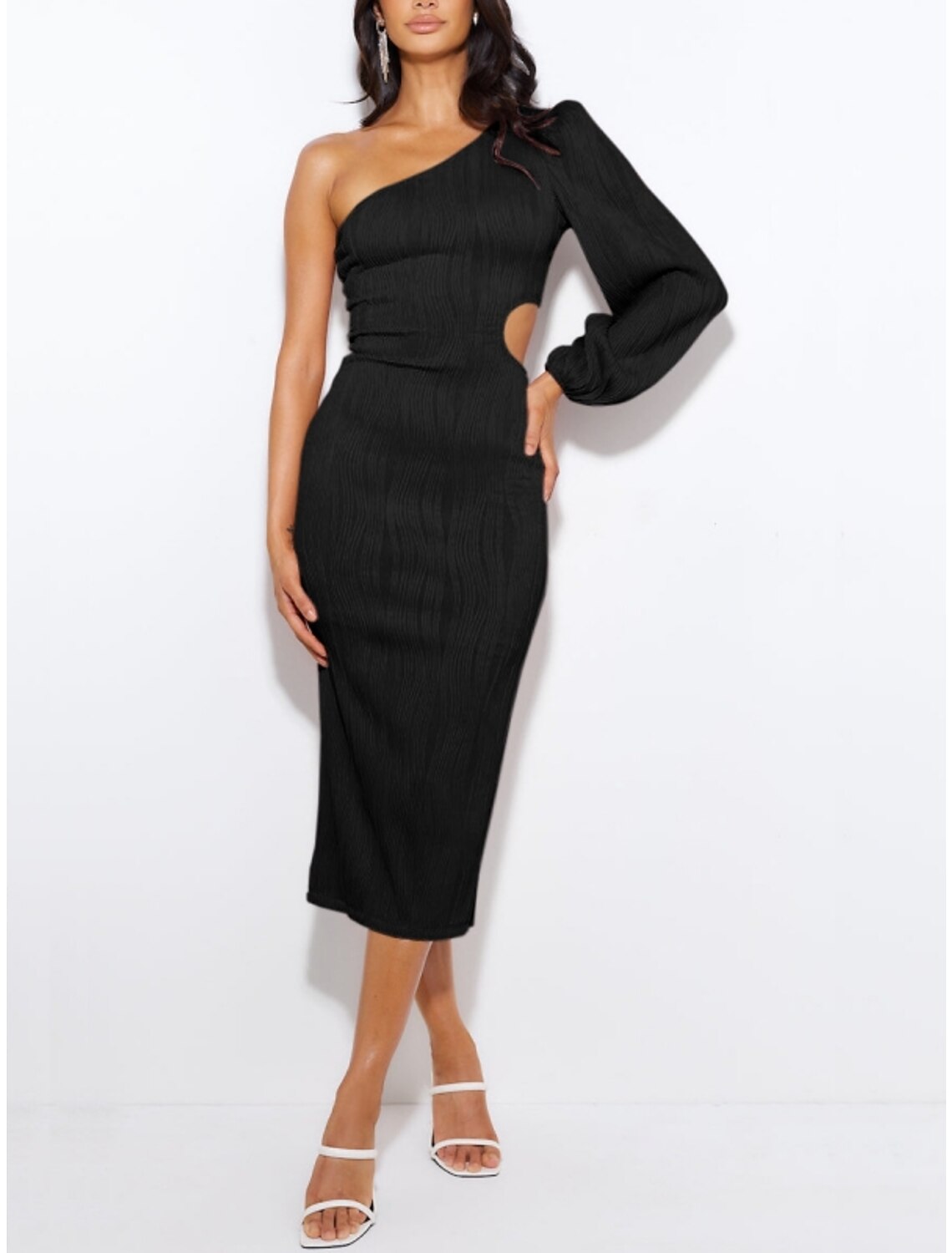 Wholesale Sheath Black Dress Party Dresses Elegant Dress Formal Tea Length Long Sleeve One Shoulder Stretch Fabric with Ruched