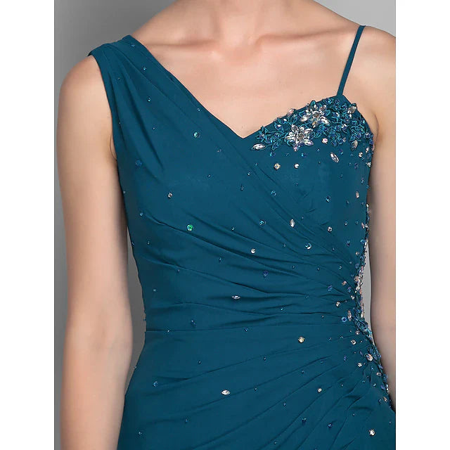 Wholesale Sheath / Column Mother of the Bride Dress Furcal One Shoulder Floor Length Chiffon Sleeveless with Beading