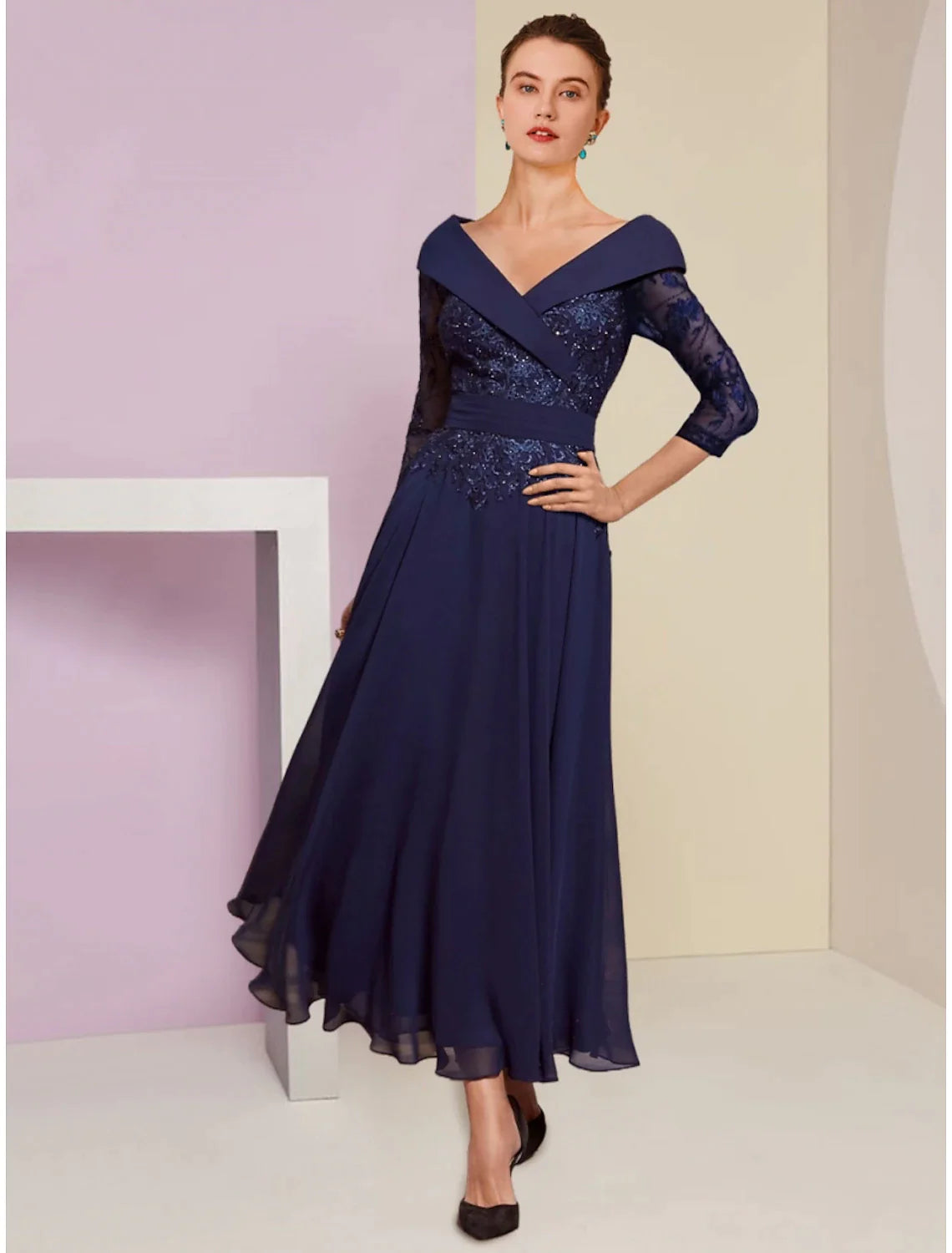 Wholesale A-Line Mother of the Bride Dress Wedding Guest Elegant V Neck Ankle Length Chiffon 3/4 Length Sleeve with Lace Pleats Sequin
