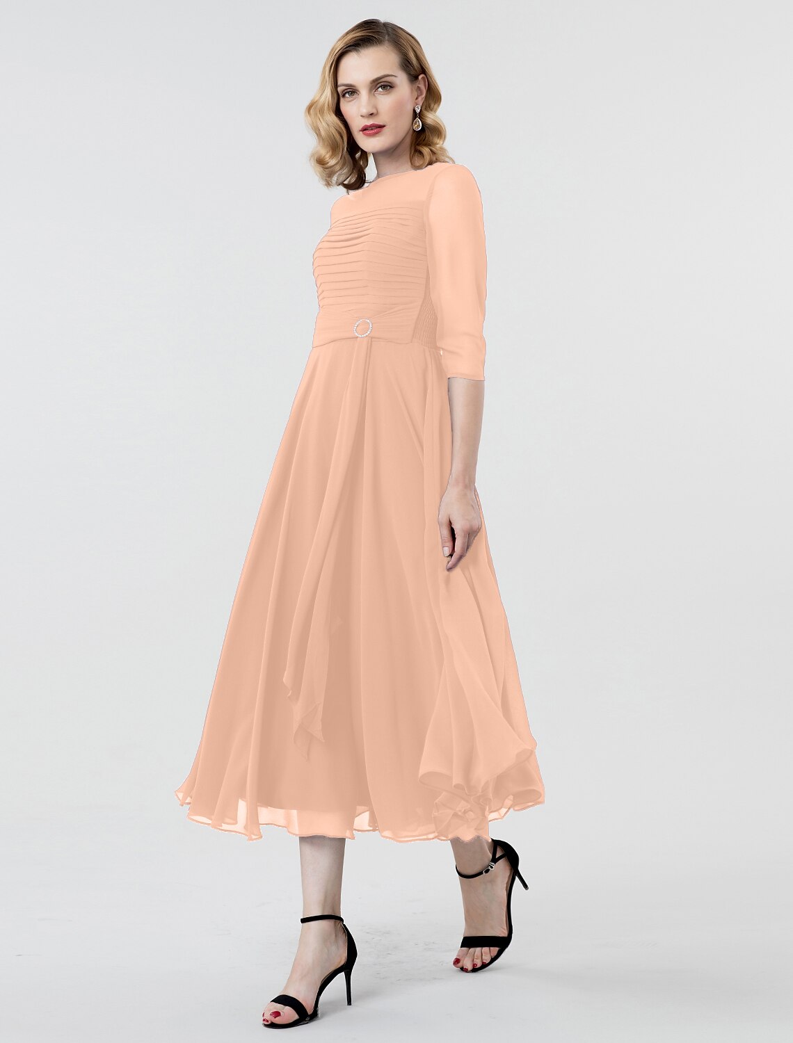 Wholesale  A-Line Elegant Formal Evening Wedding Party Dress Boat Neck 3/4 Length Sleeve Tea Length Georgette with Ruched Crystal Brooch