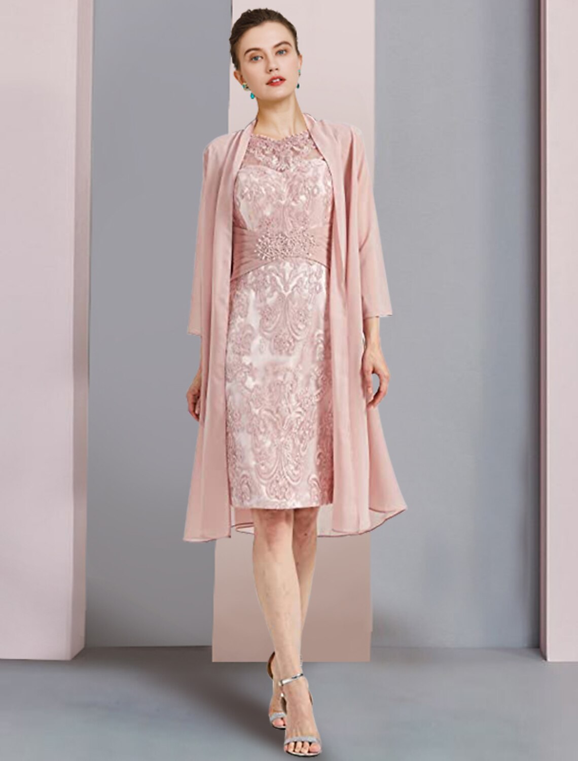 Wholesale  Two Piece Sheath / Column Mother of the Bride Dress Formal Wedding Guest Elegant Scoop Neck Knee Length Chiffon Lace Sleeveless Jacket Dresses with Beading Appliques