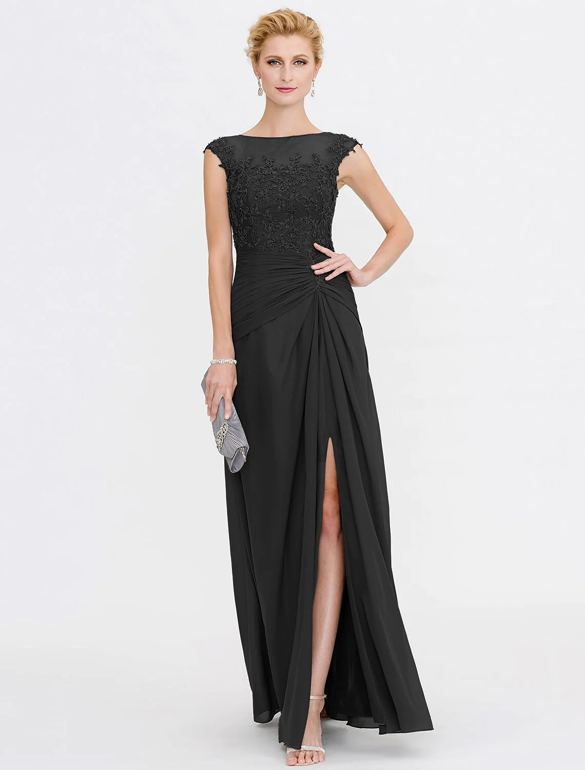 Wholesale A-Line Mother of the Bride Dress Wedding Guest Elegant See Through Bateau Neck Floor Length Chiffon Lace Sleeveless with Side Draping Fall
