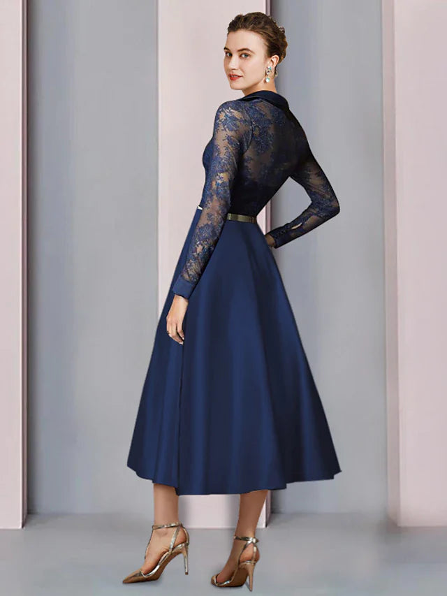 Wholesale A-Line Mother of the Bride Dress Wedding Guest Elegant Shirt Collar Tea Length Satin Lace Long Sleeve with Pleats