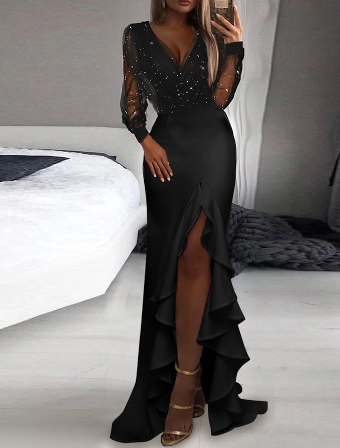 Wholesale Women's Black Dress Prom Dress Party Dress Swing Dress Long Dress Maxi Dress Long Sleeve Split Winter Fall Spring V Neck Hot Winter Dress Date