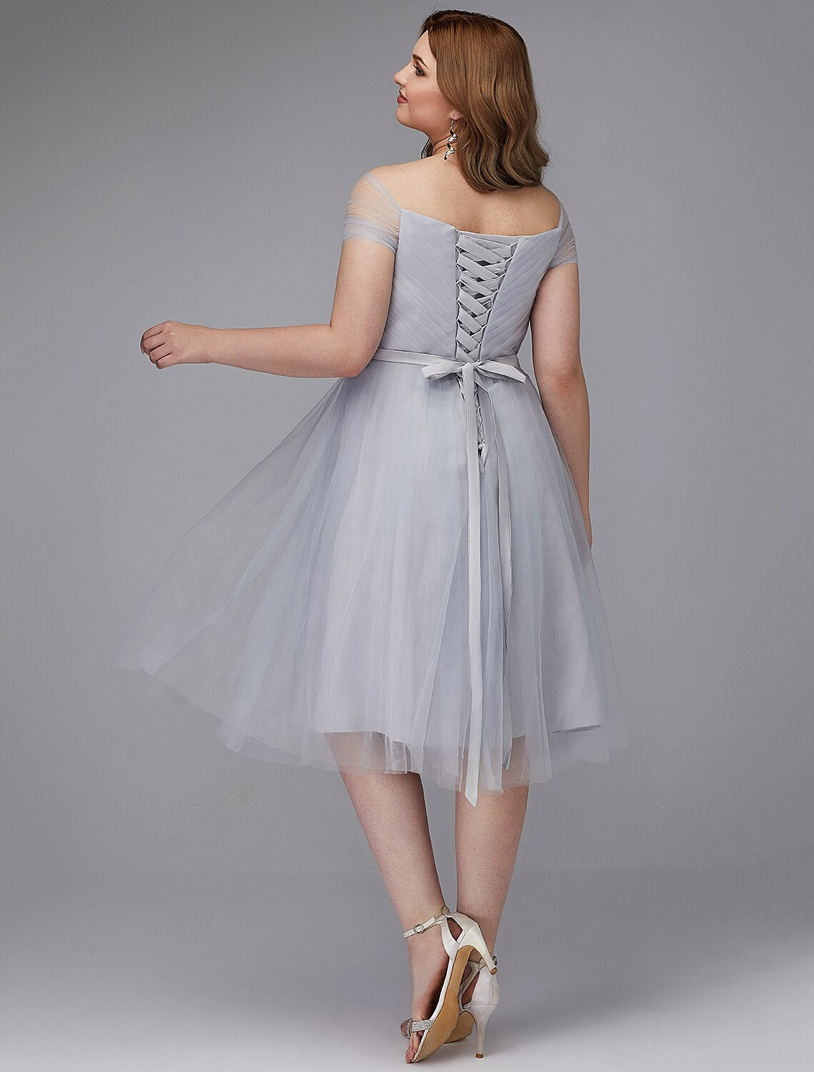 Wholesale A-Line Elegant Dress Wedding Guest Cocktail Party Tea Length Short Sleeve Off Shoulder Tulle with Sash / Ribbon