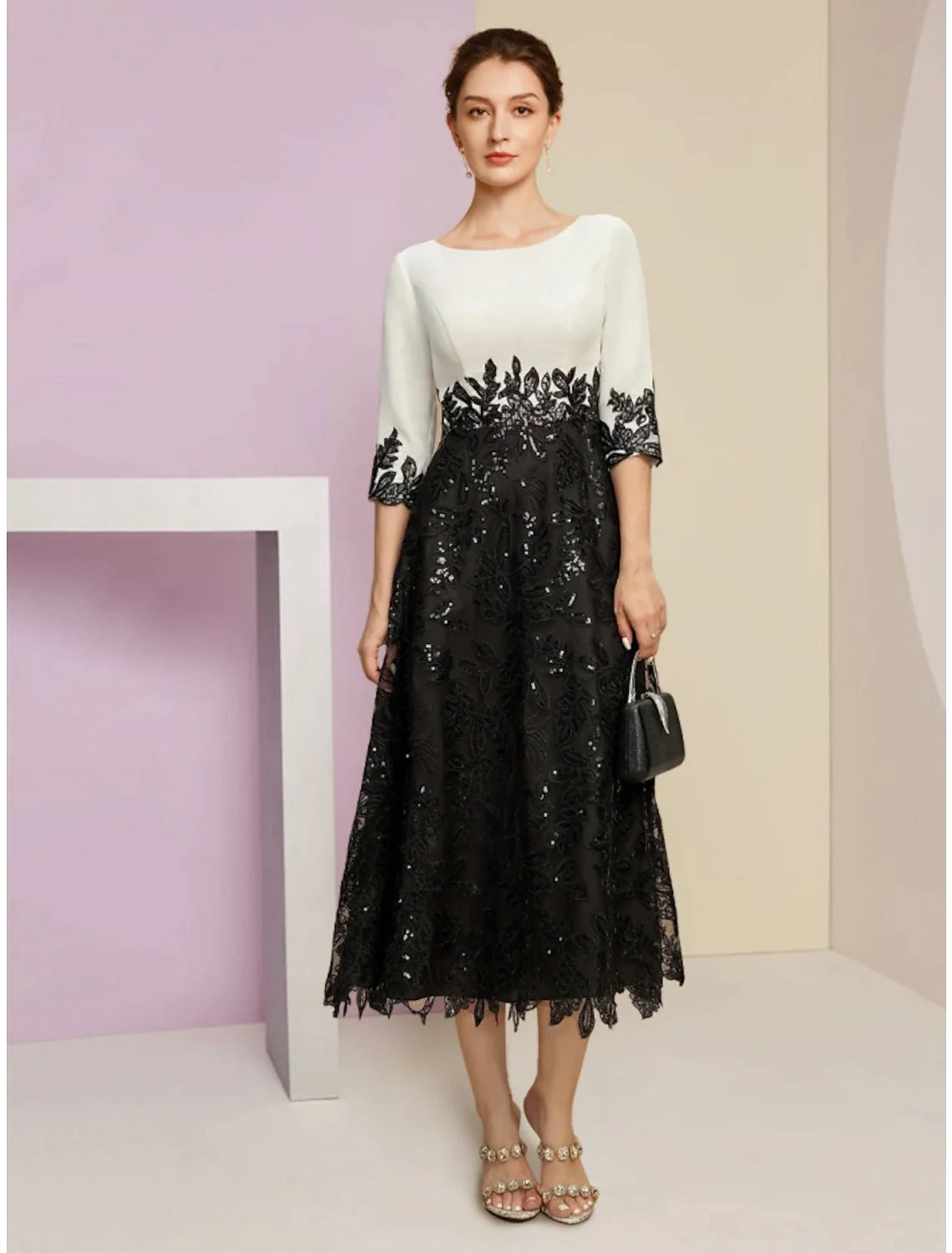 Wholesale A-Line Mother of the Bride Dress Wedding Guest Elegant Scoop Neck Tea Length Stretch Chiffon Half Sleeve with Lace Sequin Ruching