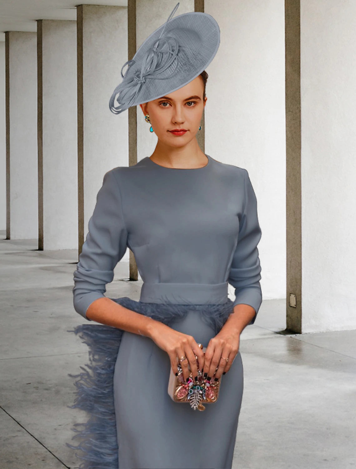 Wholesale  Sheath / Column Mother of the Bride Dress Vintage Elegant Jewel Neck Ankle Length Stretch Fabric Half Sleeve with Feather Sash / Ribbon