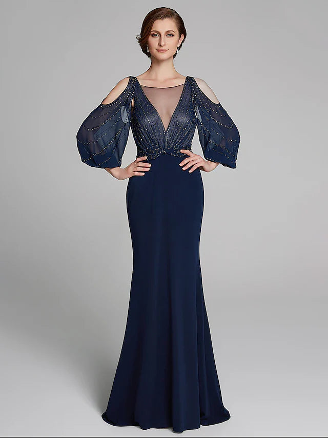 Wholesale Sheath / Column Mother of the Bride Dress Sparkle & Shine Boat Neck Floor Length Chiffon Jersey Long Sleeve No with Beading Ruching