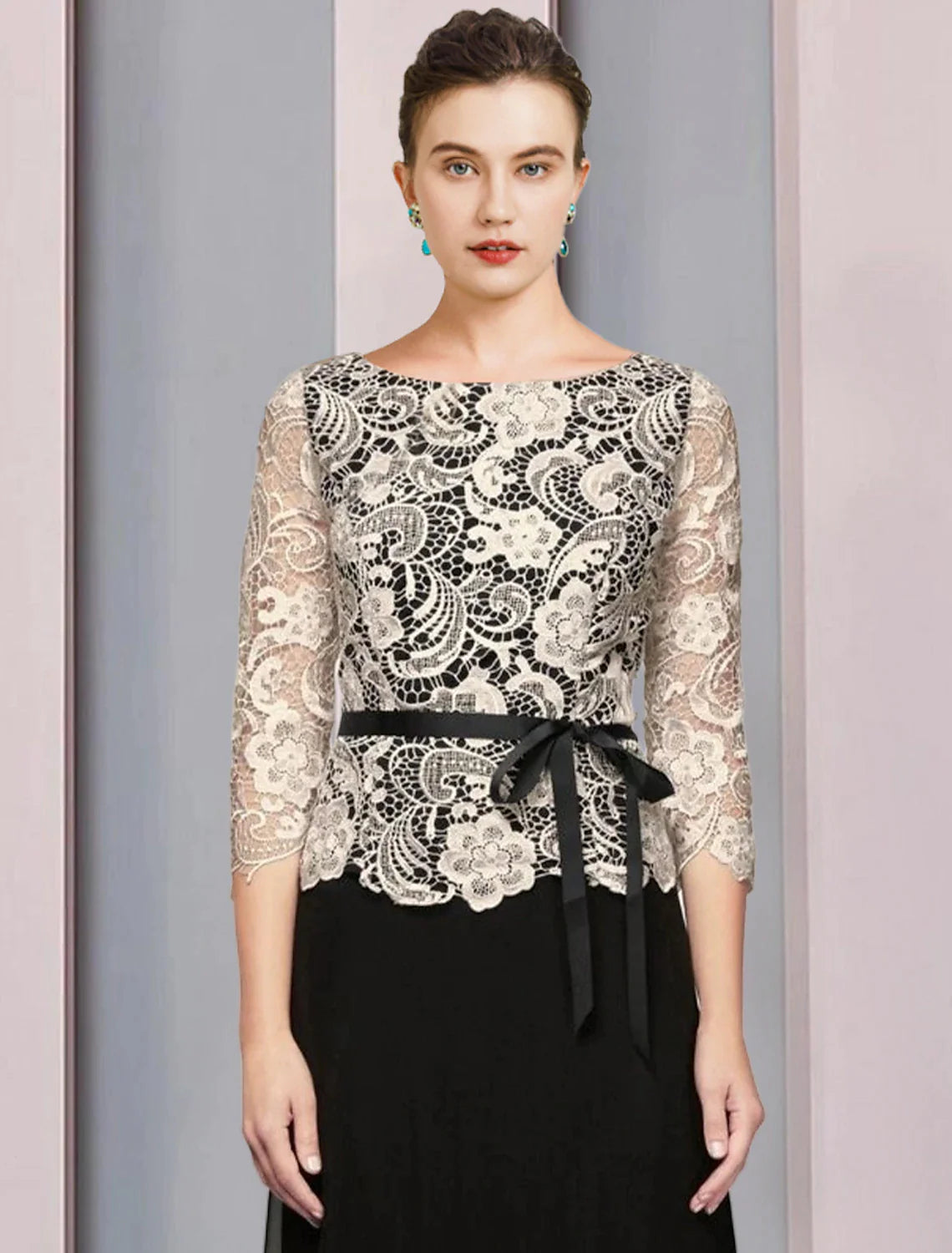 Wholesale A-Line Mother of the Bride Dress Formal Wedding Guest Elegant Scoop Neck Floor Length Chiffon Lace 3/4 Length Sleeve with Bow(s) Color Block