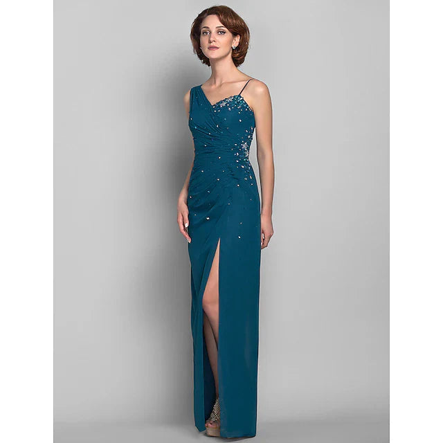 Wholesale Sheath / Column Mother of the Bride Dress Furcal One Shoulder Floor Length Chiffon Sleeveless with Beading