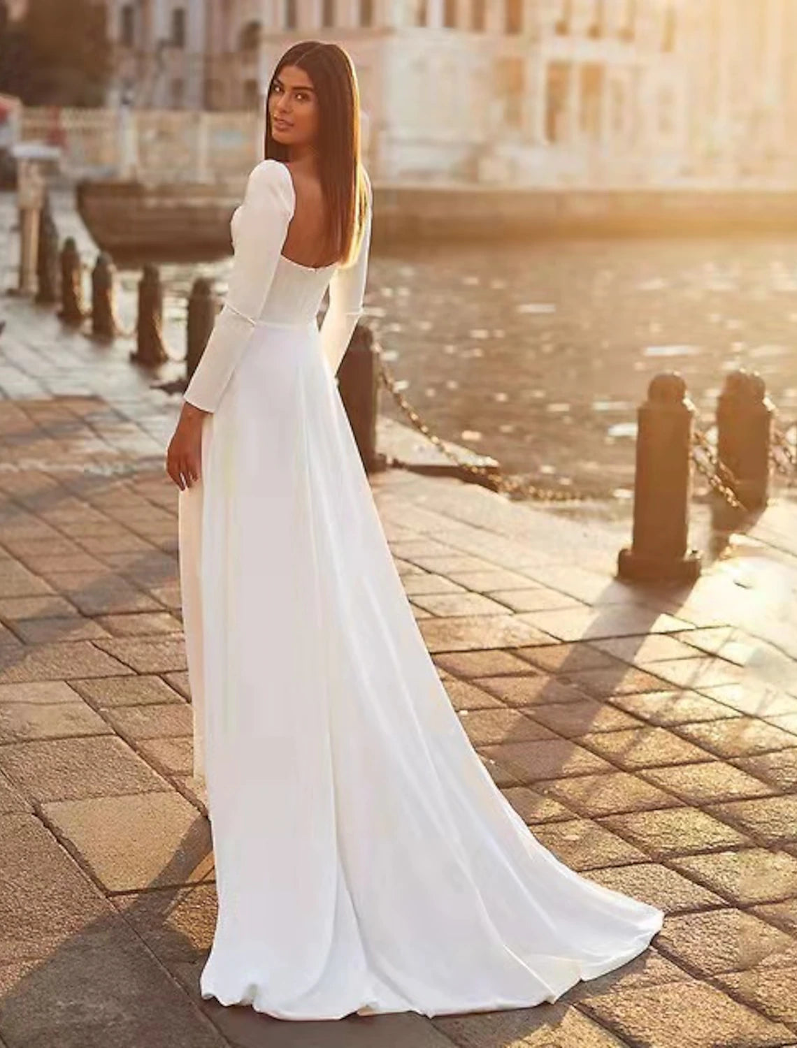 Wholesale  Reception Royal Style Casual Wedding Dresses A-Line Sweetheart Long Sleeve Sweep / Brush Train Satin Bridal Gowns With Solid