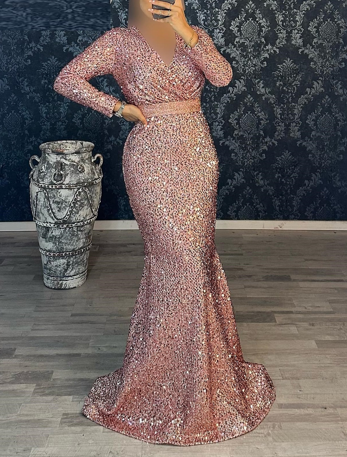 Wholesale Mermaid / Trumpet Evening Gown Christmas Red Green Dress Party Dress Masquerade Black Tie Floor Length Long Sleeve V Neck Belt / Sash Sequined with Ruched