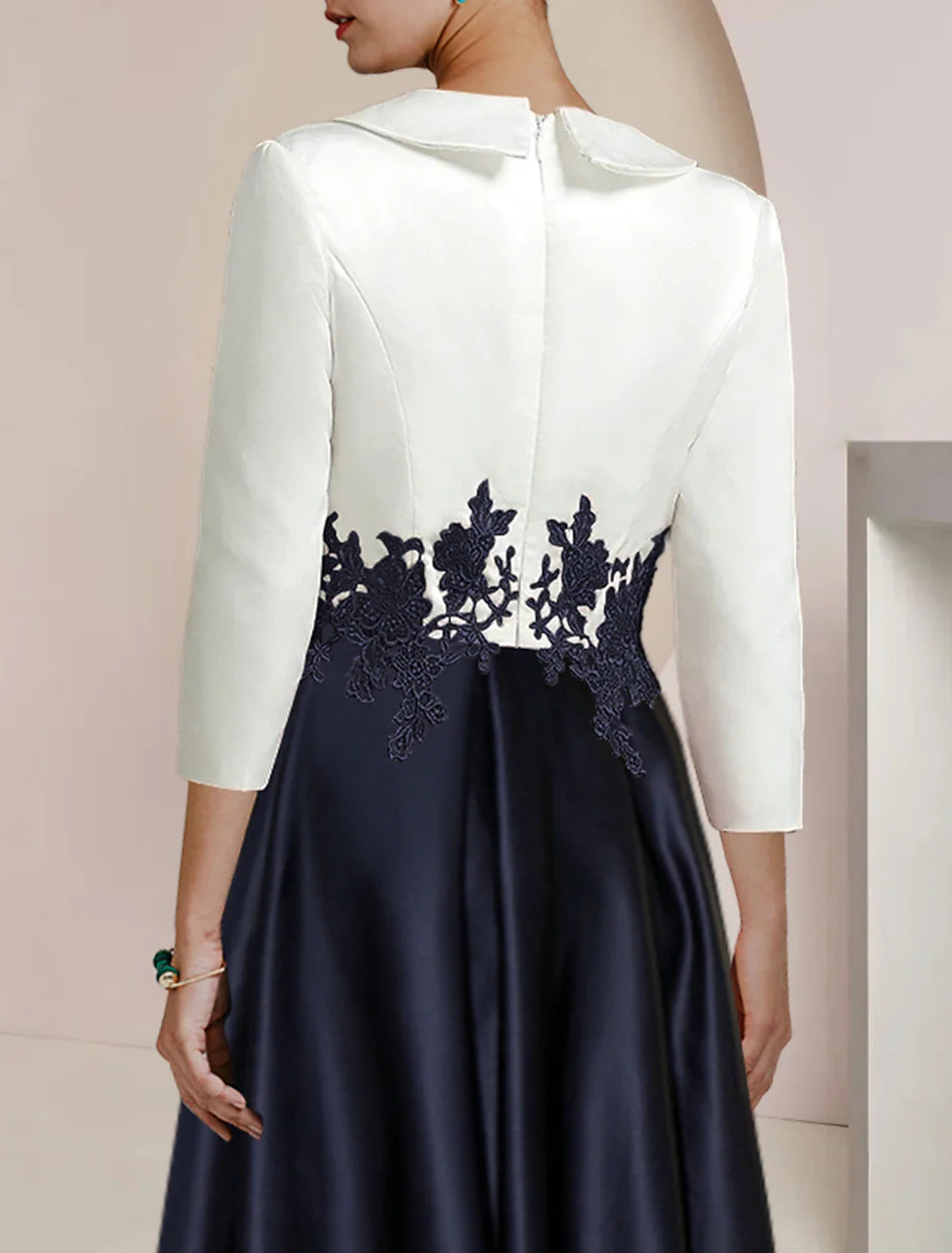 Wholesale A-Line Mother of the Bride Dress Formal Wedding Guest Elegant High Low Shirt Collar Asymmetrical Tea Length Satin Lace 3/4 Length Sleeve with Appliques Color Block