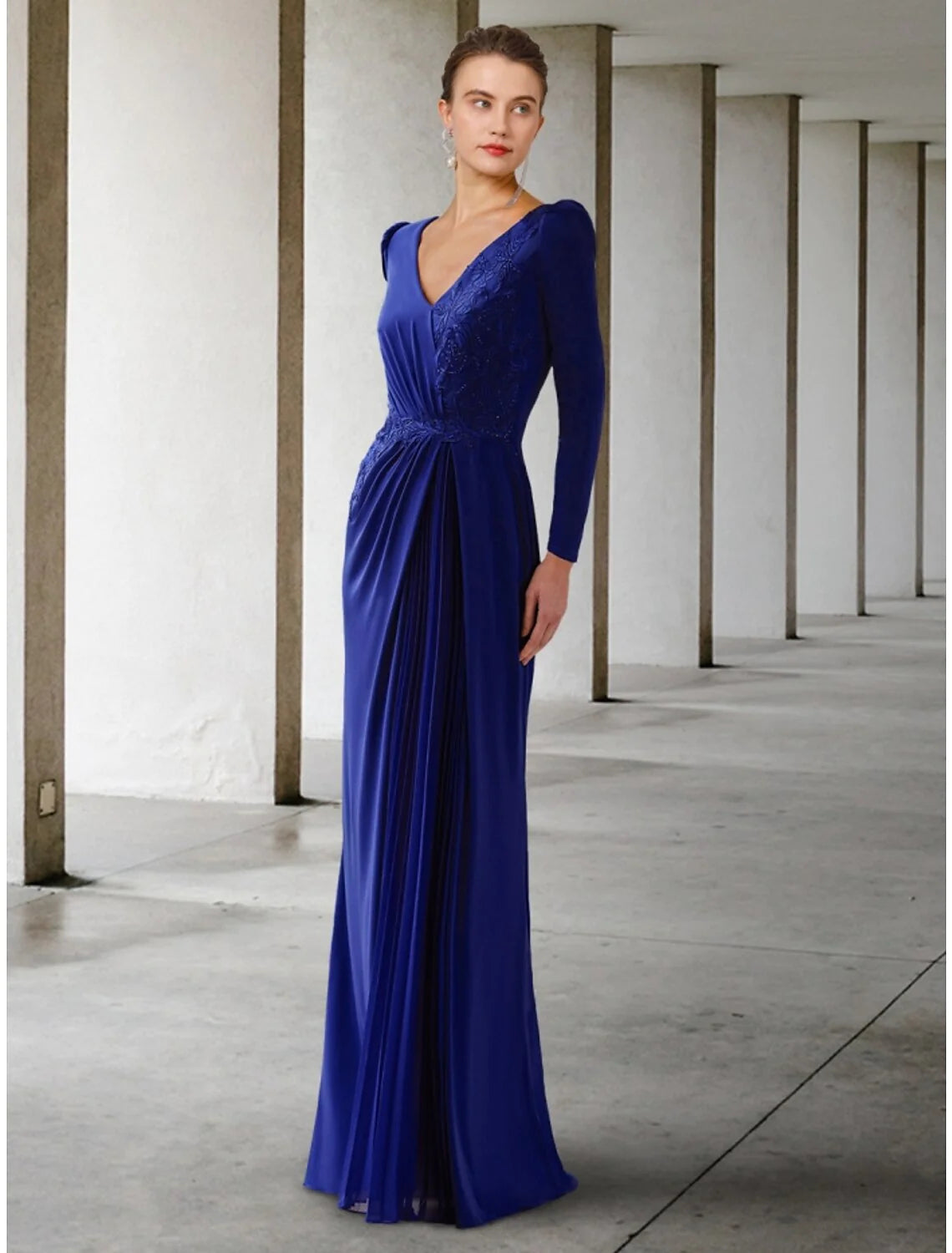 Wholesale A-Line Mother of the Bride Dress Wedding Guest Elegant V Neck Floor Length Lace Stretch Chiffon Long Sleeve with Ruching Solid Color