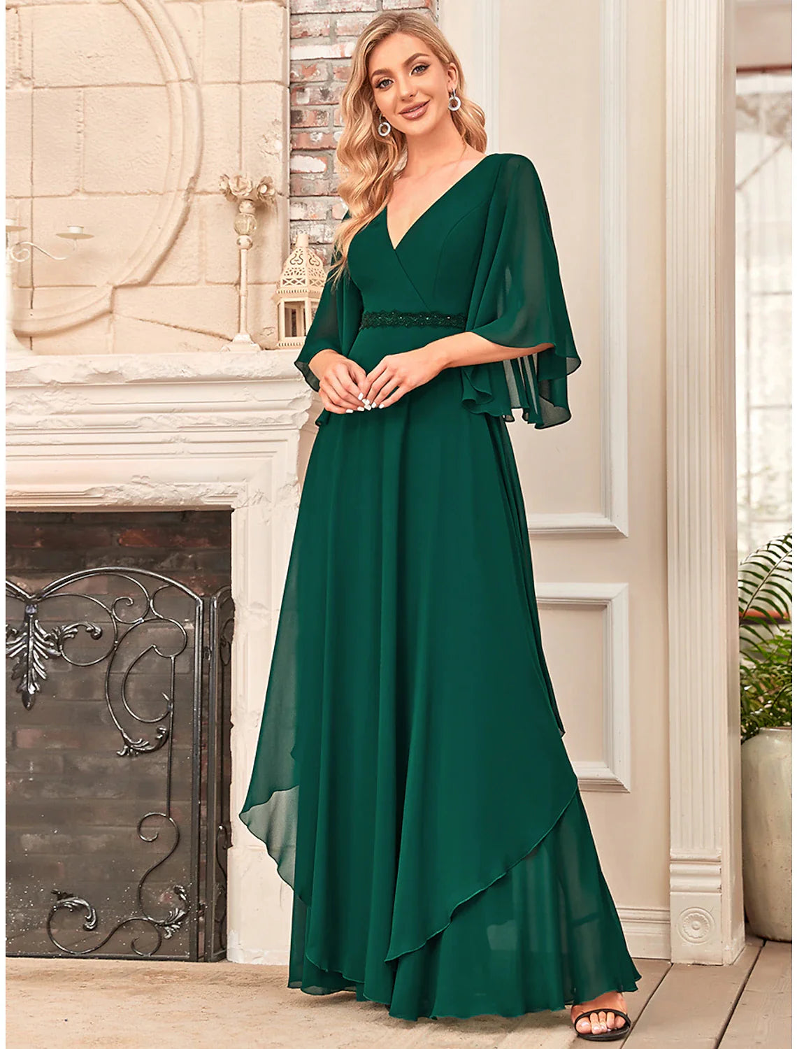 Wholesale A-Line Mother of the Bride Dress Elegant V Neck Floor Length Chiffon Half Sleeve with Sash / Ribbon