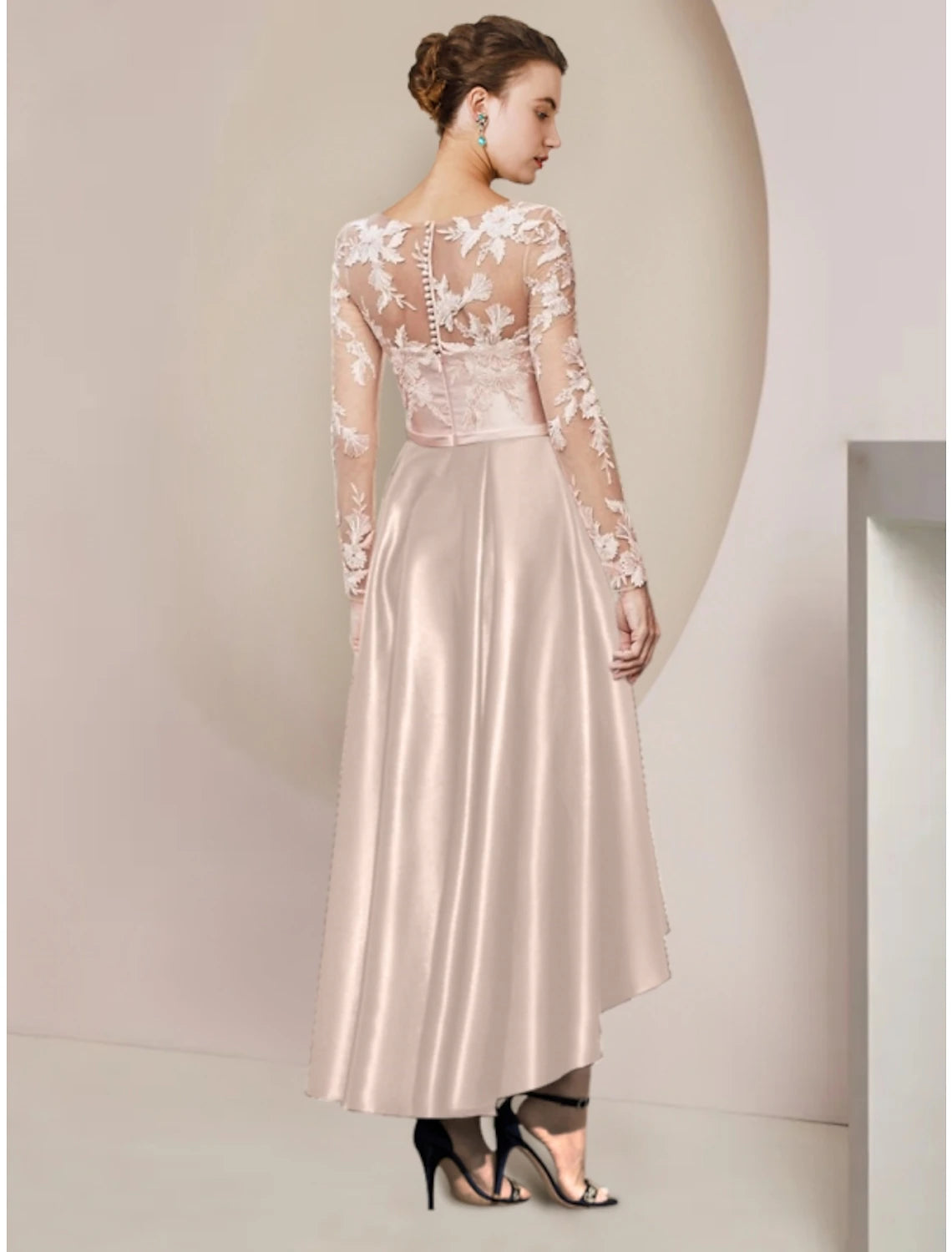 Wholesale  Sheath / Column Mother of the Bride Dress Wedding Guest Party Elegant V Neck Asymmetrical Ankle Length Satin Long Sleeve with Lace Pleats